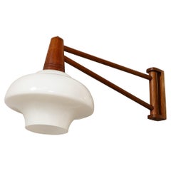 Mid-Century Modernist Milk Glass & Teak Swing Arm Wall Sconce W/ Brass Fittings