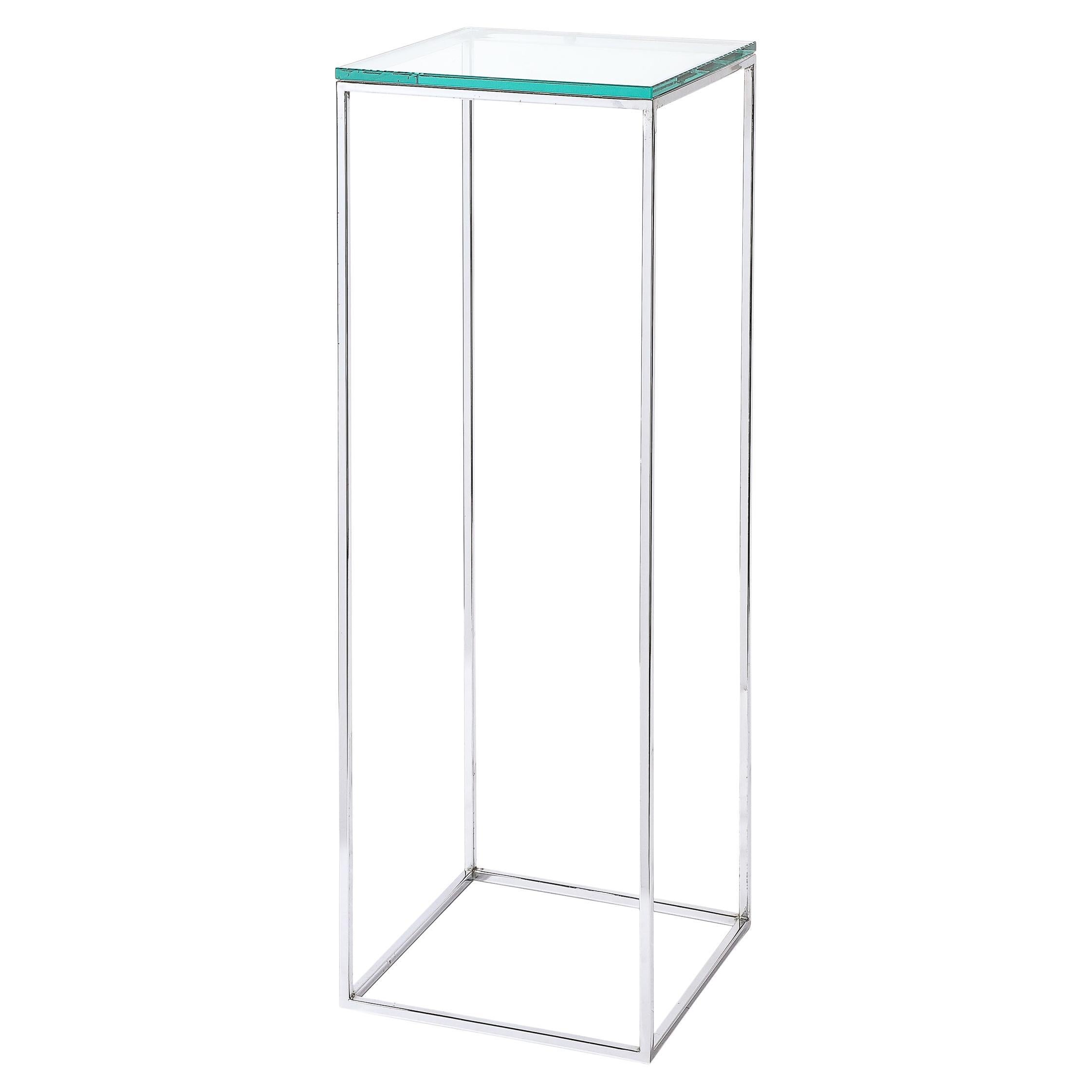 Modernista de mediados de siglo Pedestal rectilíneo minimalista cromado con tapa de cristal