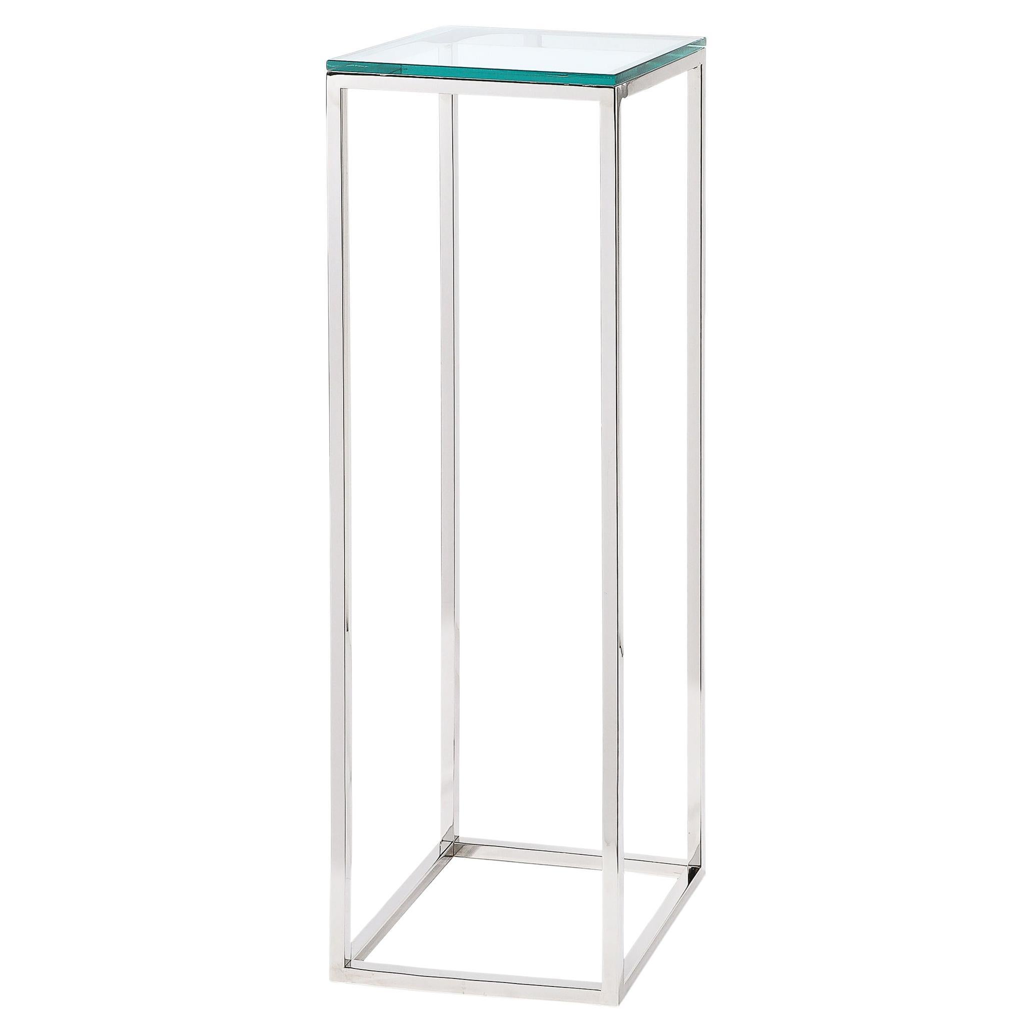 Modernista de mediados de siglo Pedestal rectilíneo minimalista cromado con tapa de cristal