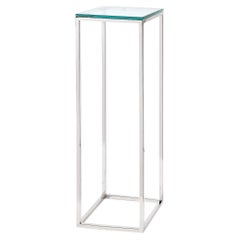 Modernista de mediados de siglo Pedestal rectilíneo minimalista cromado con tapa de cristal