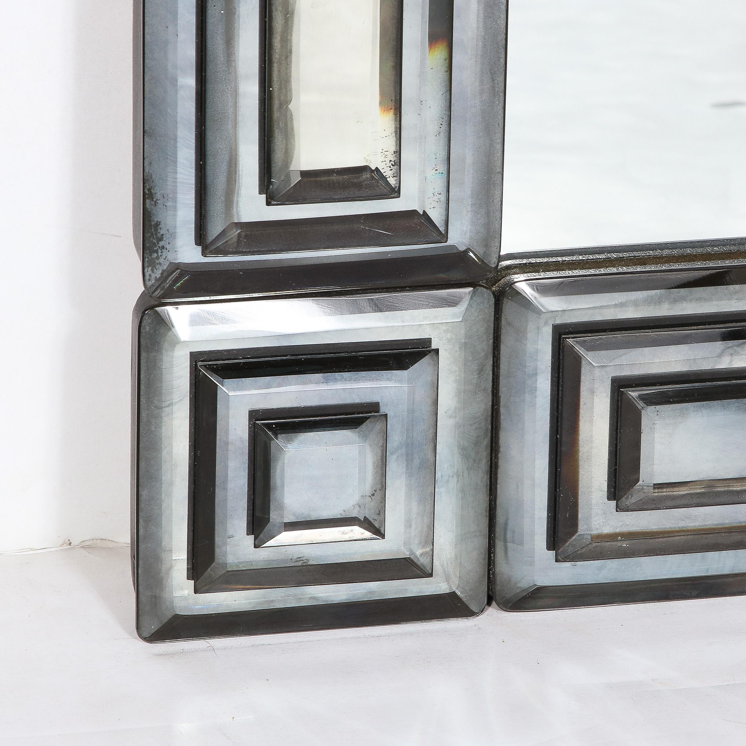 Mid-Century Modernist Mirror with Tiered & Beveled Geometric Smoked Border For Sale 5