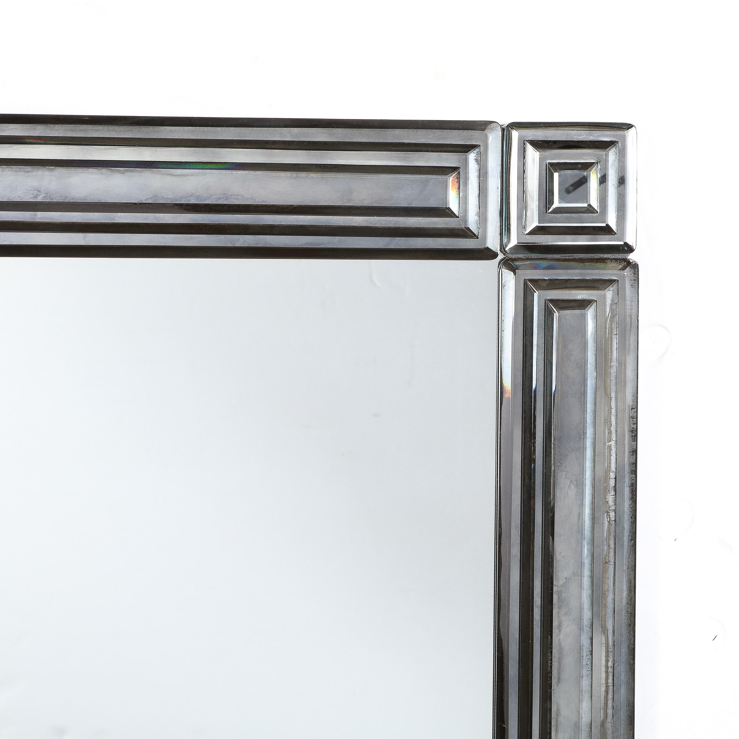 Mid-Century Modernist Mirror with Tiered & Beveled Geometric Smoked Border For Sale 7