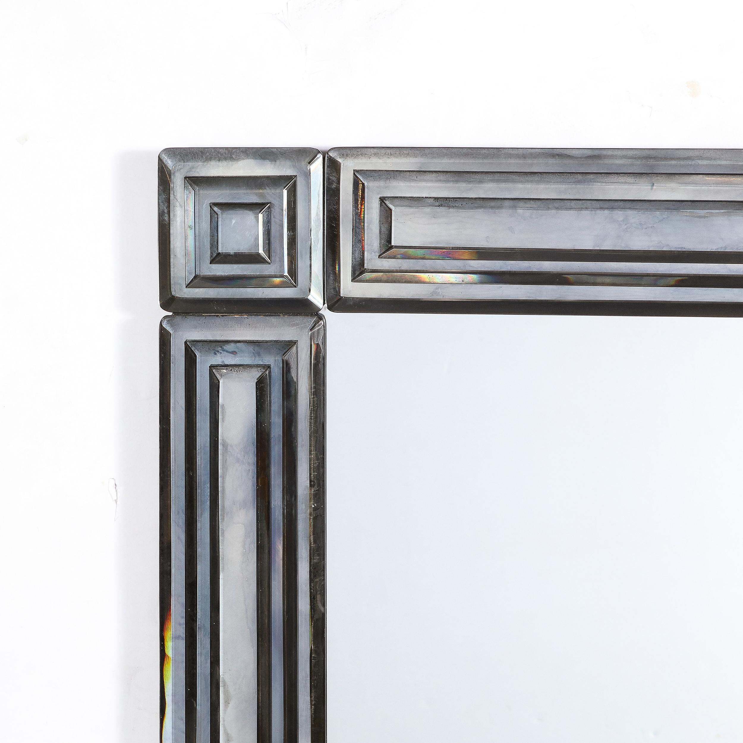Mid-Century Modernist Mirror with Tiered & Beveled Geometric Smoked Border For Sale 8