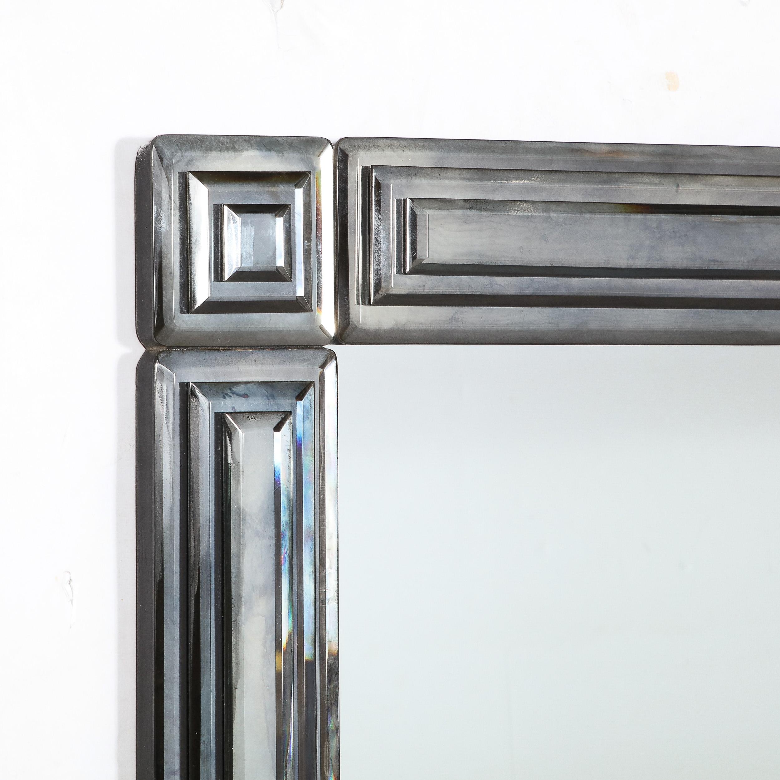Late 20th Century Mid-Century Modernist Mirror with Tiered & Beveled Geometric Smoked Border For Sale