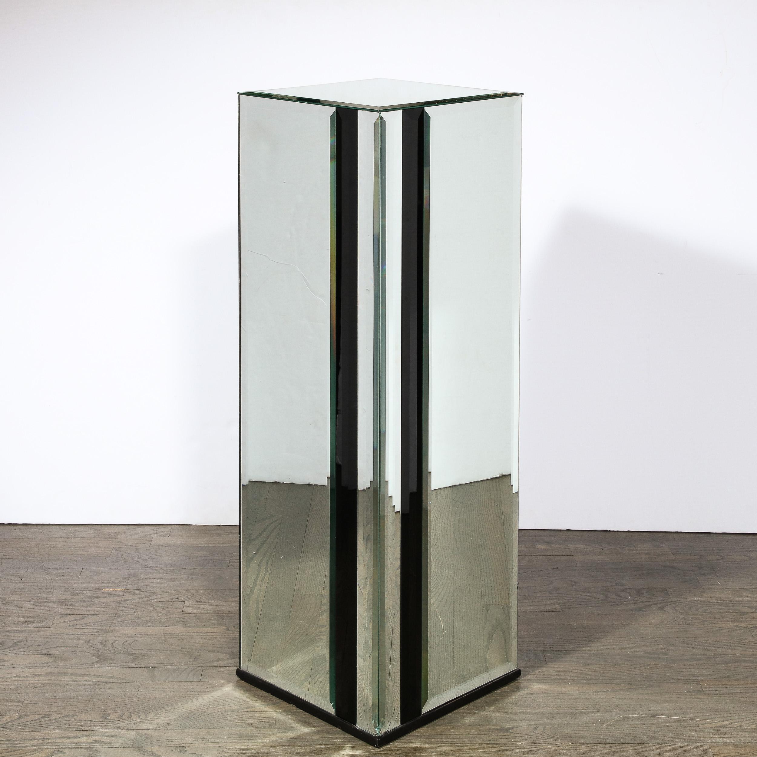 American Mid-Century Modernist Mirrored Pedestal with Alternating Vitrolite Strips  For Sale