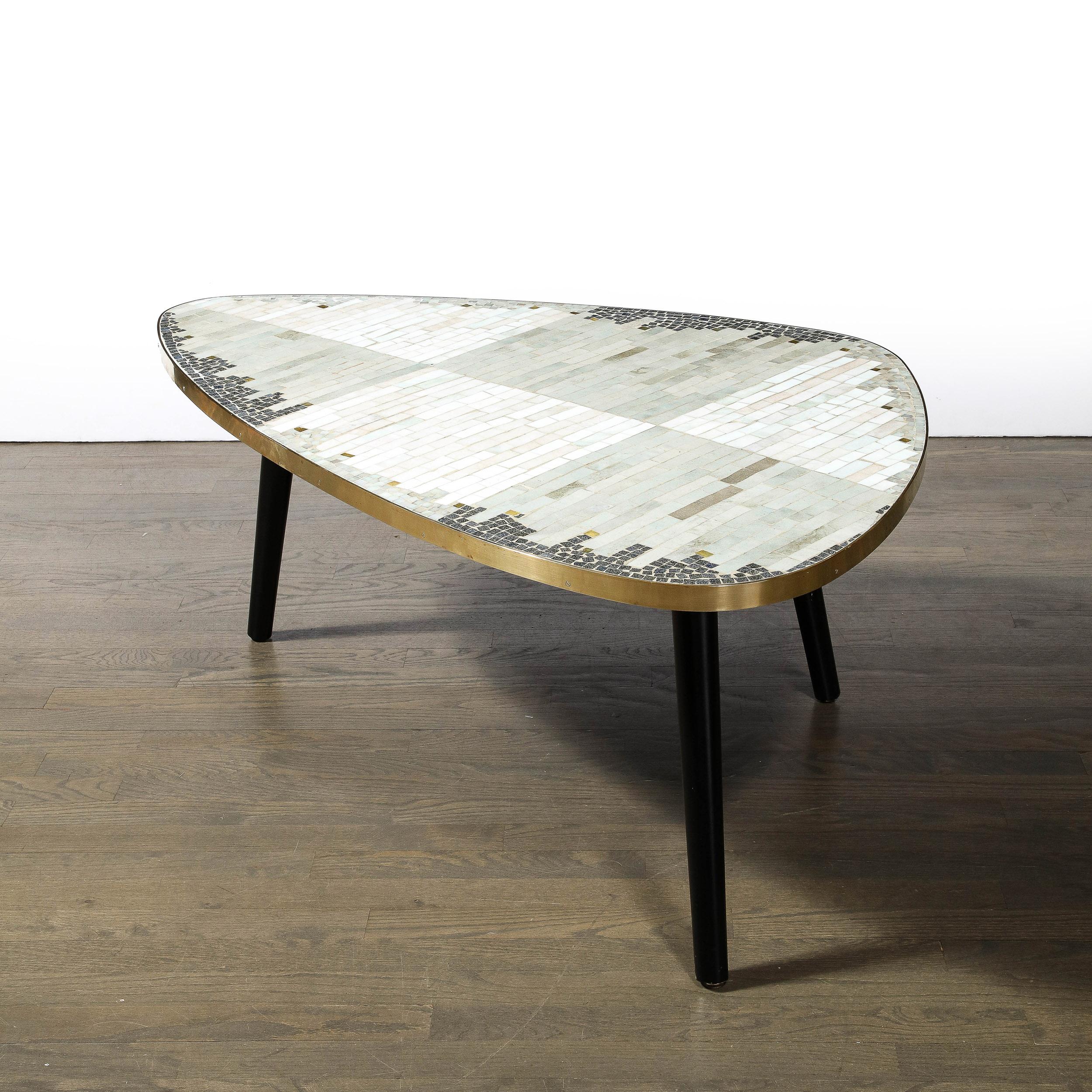 Mid-Century Modernist Mosaic Cocktail Table Wrapped in Brass with Ebonized Legs 6