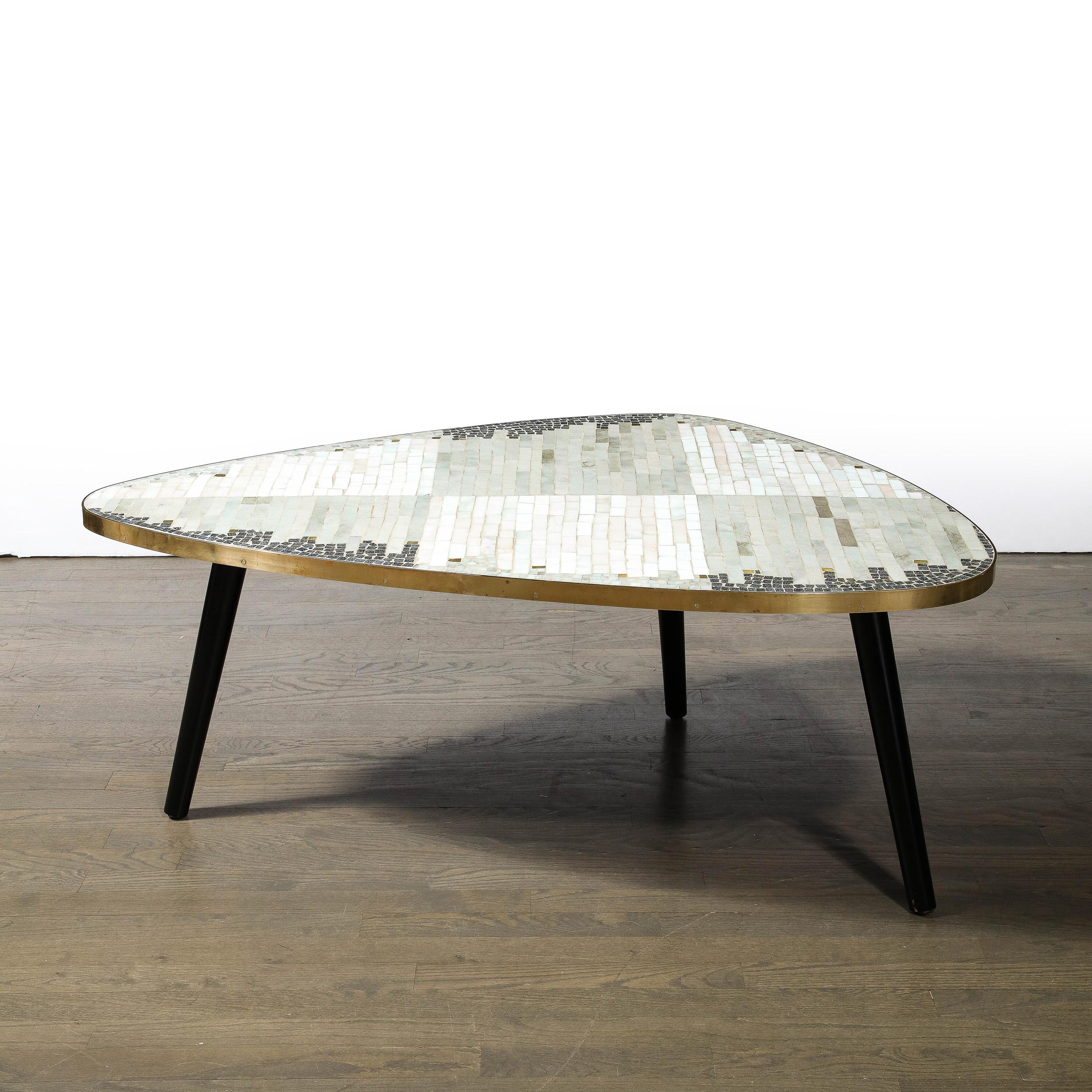 Mid-Century Modernist Mosaic Cocktail Table Wrapped in Brass with Ebonized Legs For Sale 7