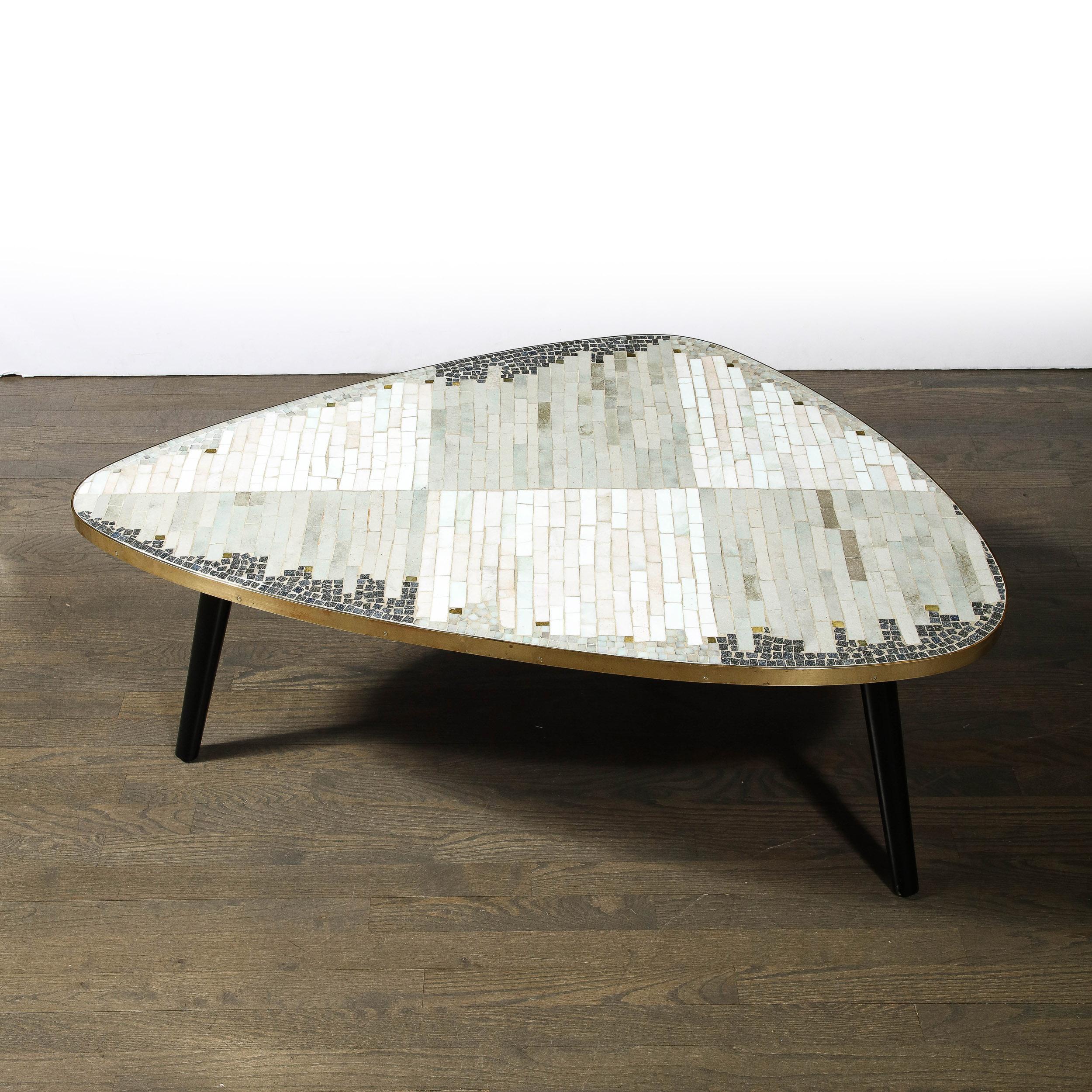 Mid-Century Modernist Mosaic Cocktail Table Wrapped in Brass with Ebonized Legs For Sale 8