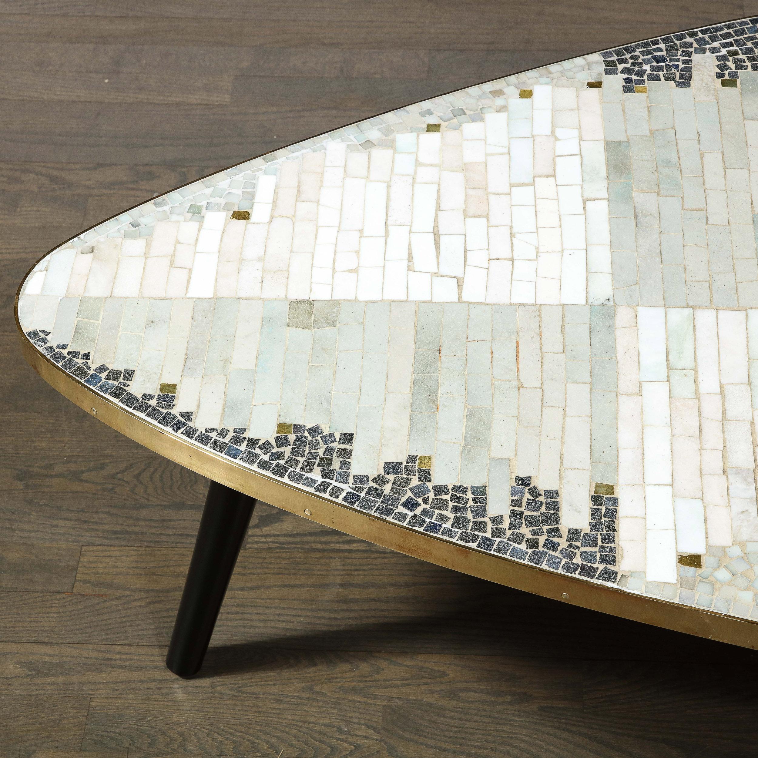 Mid-Century Modernist Mosaic Cocktail Table Wrapped in Brass with Ebonized Legs For Sale 9