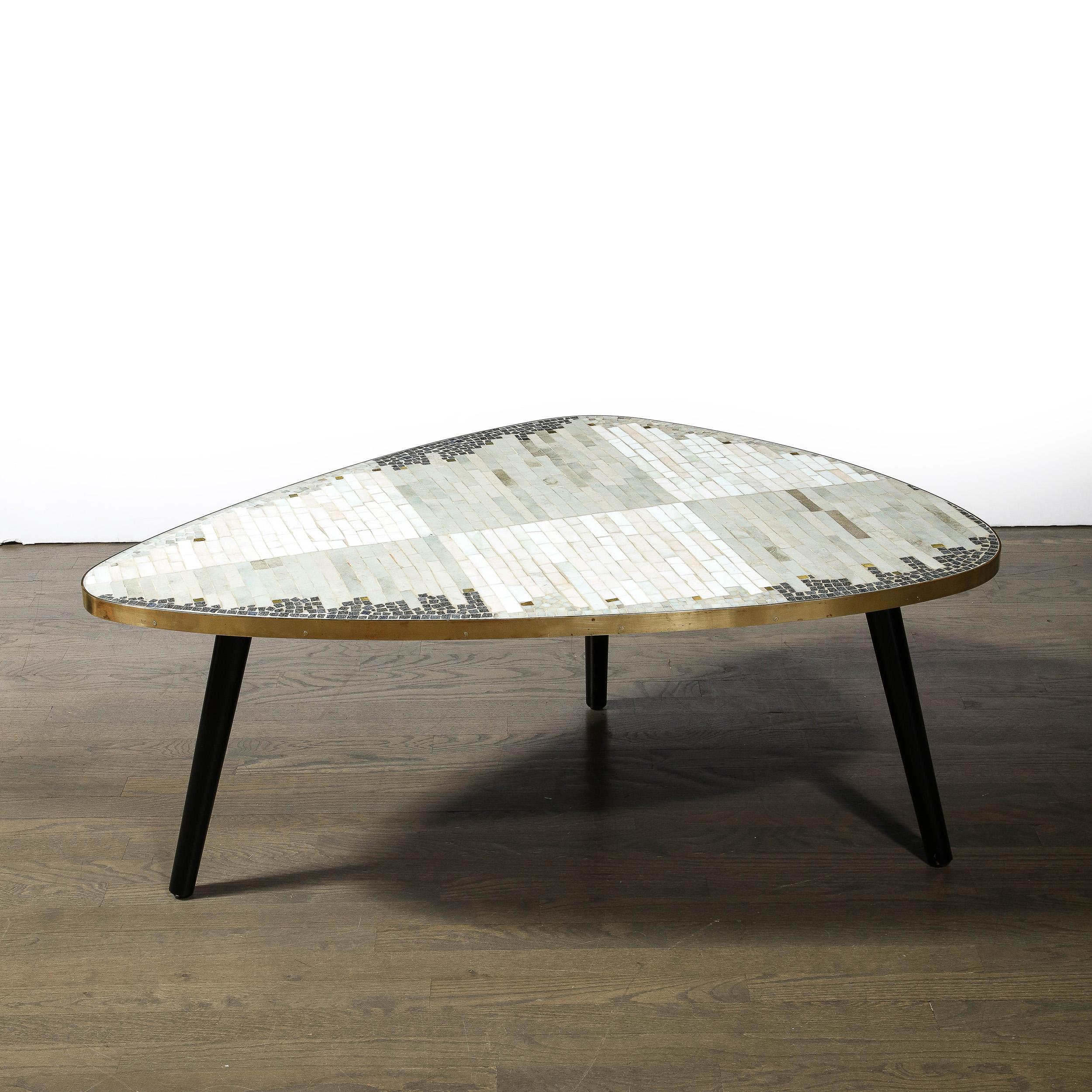Mid-Century Modernist Mosaic Cocktail Table Wrapped in Brass with Ebonized Legs For Sale 10