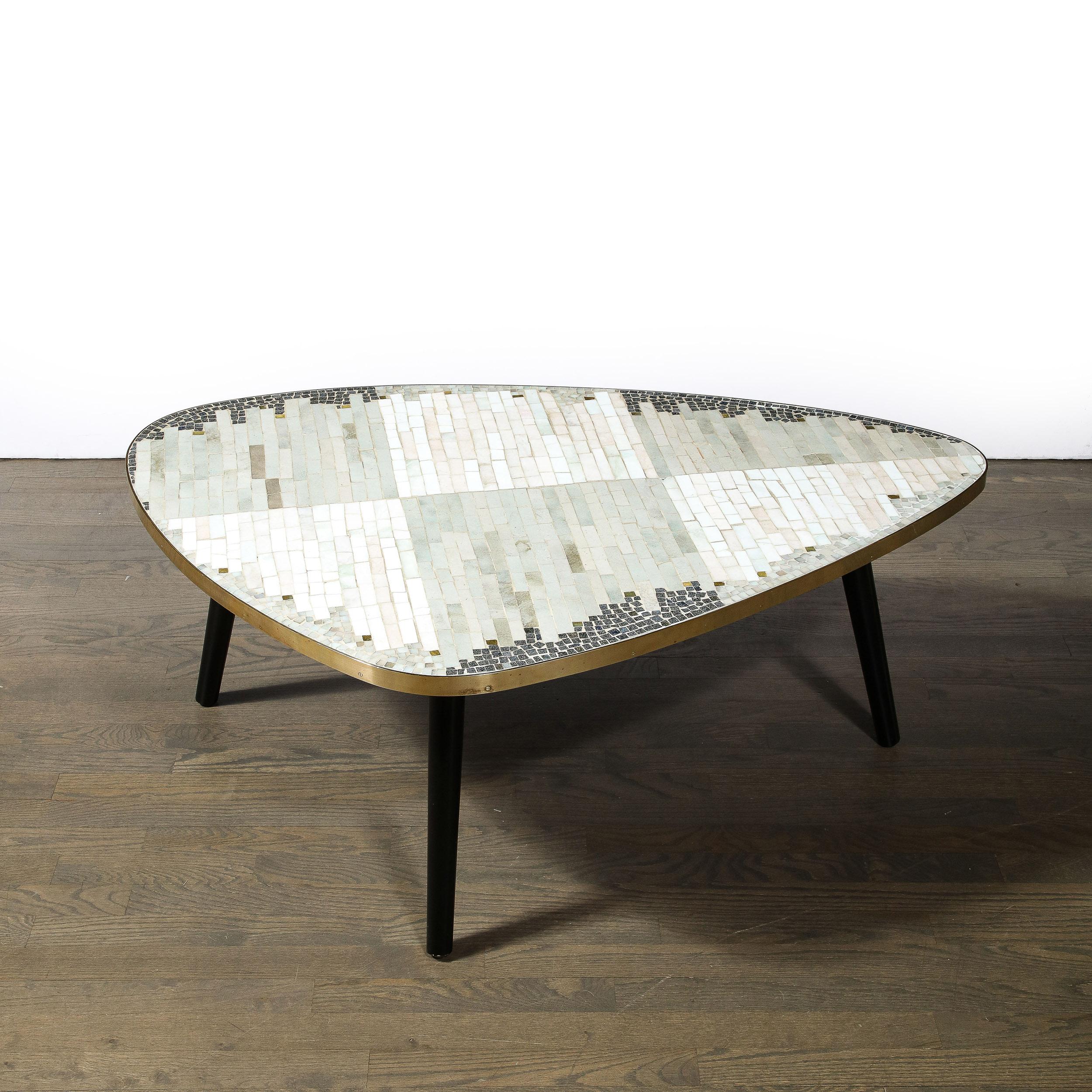 French Mid-Century Modernist Mosaic Cocktail Table Wrapped in Brass with Ebonized Legs For Sale