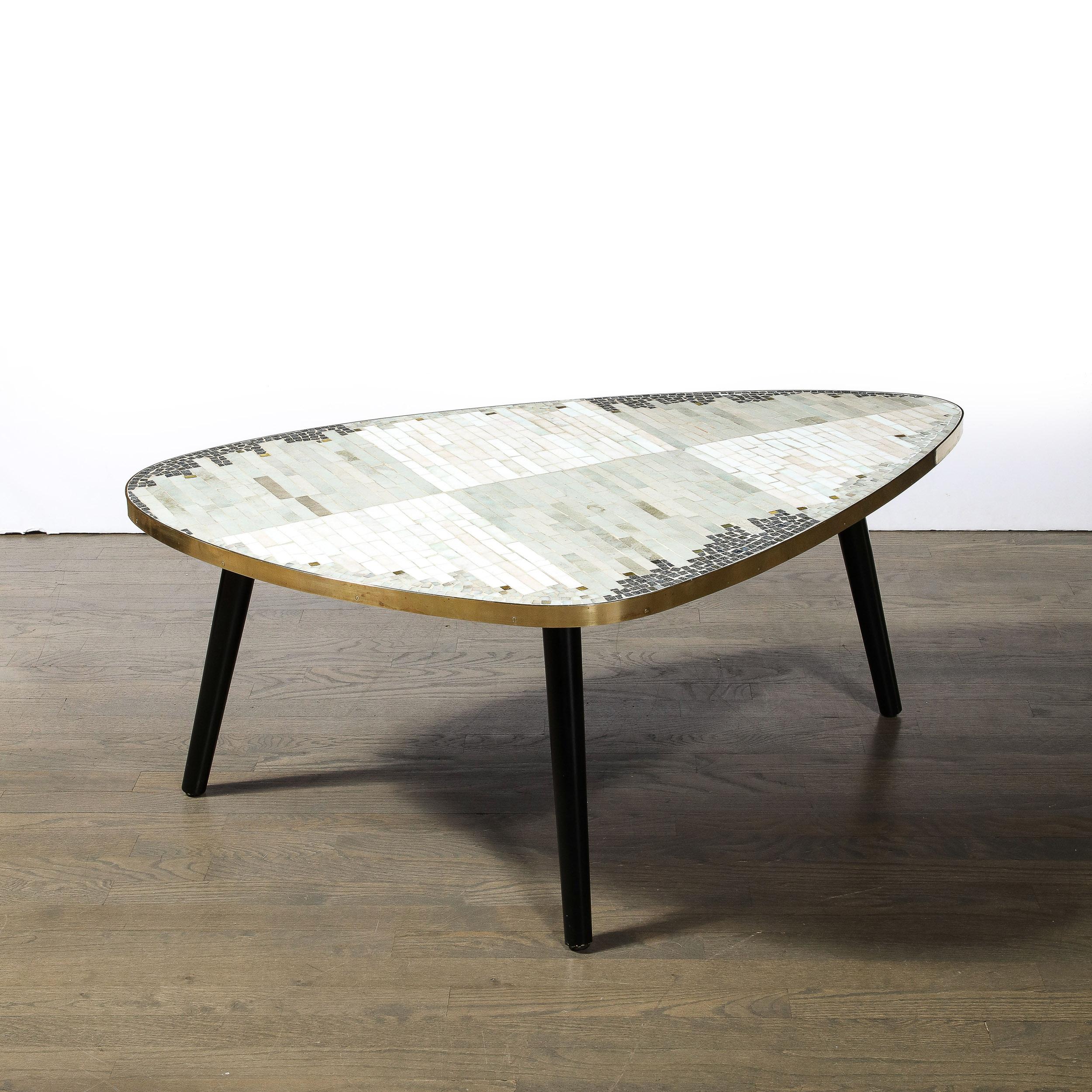 Mid-Century Modernist Mosaic Cocktail Table Wrapped in Brass with Ebonized Legs For Sale 2