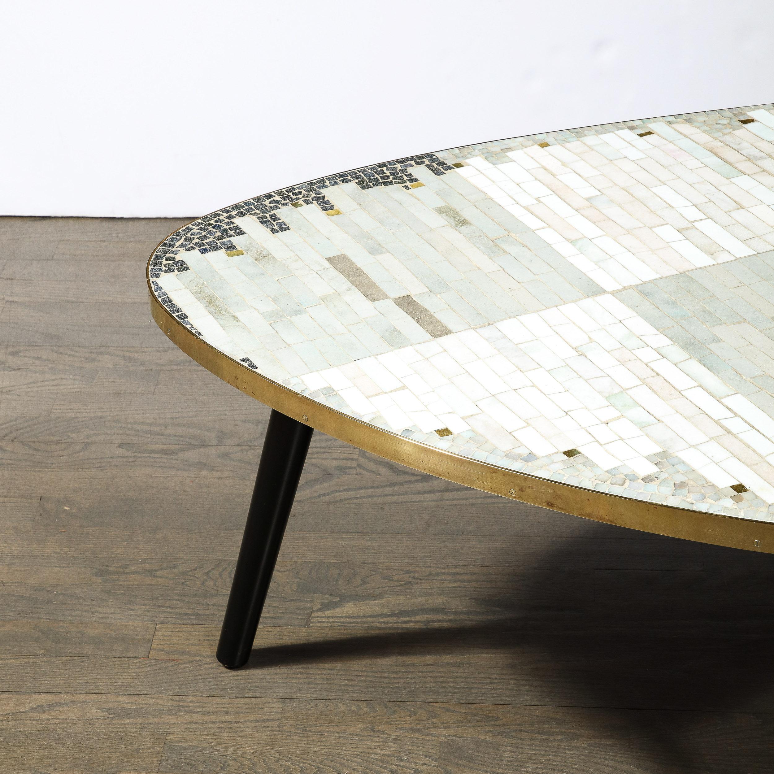 Mid-Century Modernist Mosaic Cocktail Table Wrapped in Brass with Ebonized Legs For Sale 3
