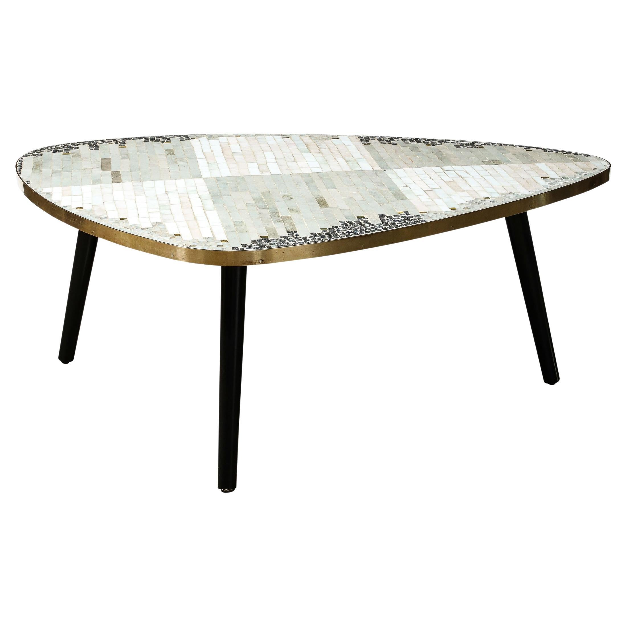 Mid-Century Modernist Mosaic Cocktail Table Wrapped in Brass with Ebonized Legs