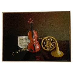 Nature morte représentant un instrument de musique de style moderniste du milieu du siècle – Huile sur panneau, signée