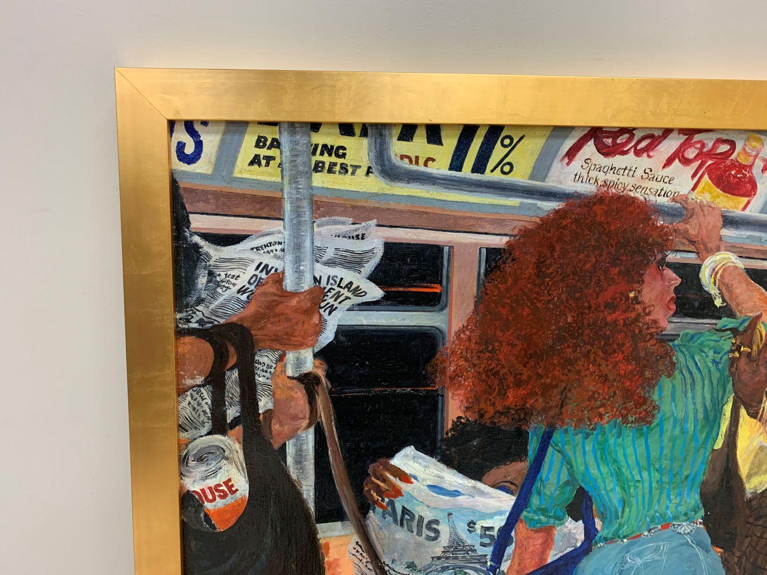 Great painting of a crowed NYC subway train scene by artist Julian Rockmore circa 1970’s. Beautiful vibrant colors in a new gold paint frame. Oil on canvas. Painting came out of a Rockmore family members estate. Dimension’s frame 33 inches wide by