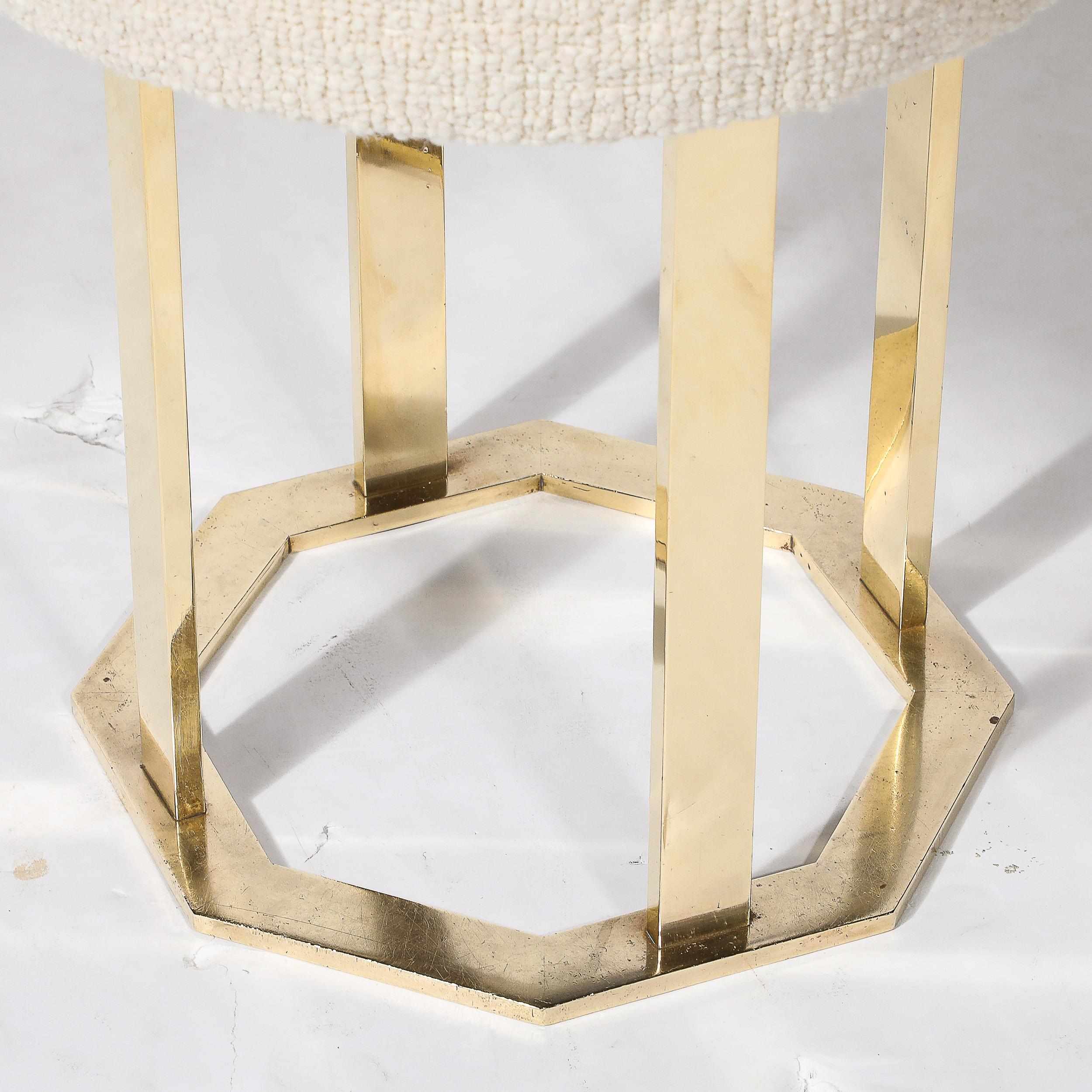 Mid-Century Modernist Octagonal Polished Brass Base Stool in Holly Hunt Boucle For Sale 5