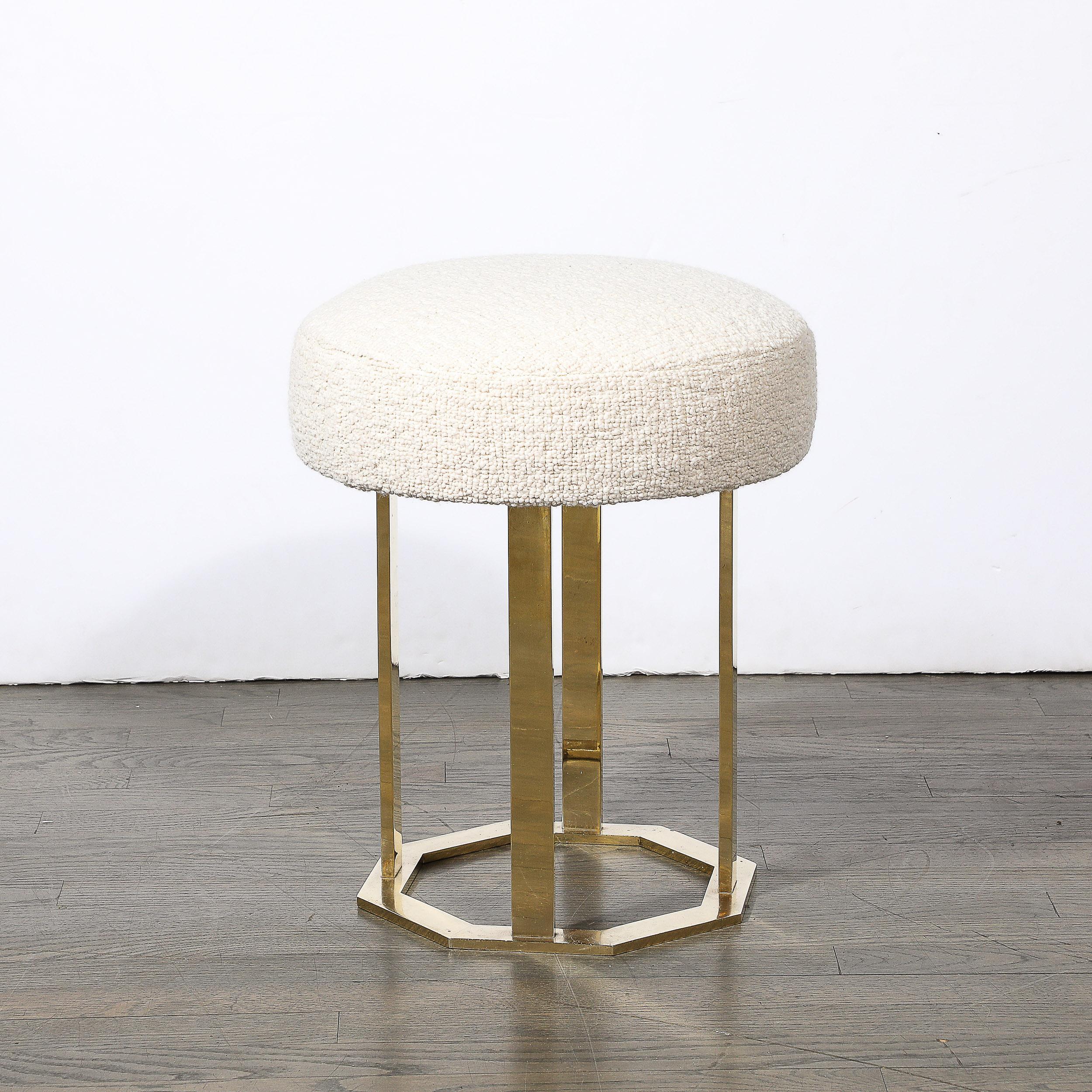 This well balanced and geometric Mid-Century Modernist Stool W/Octagonal Polished Brass Base in Holly Hunt Boucle originates from the United States, Circa 1970. Features a rounded cylindrical seat upholstered in a sumptuous and beautifully textured
