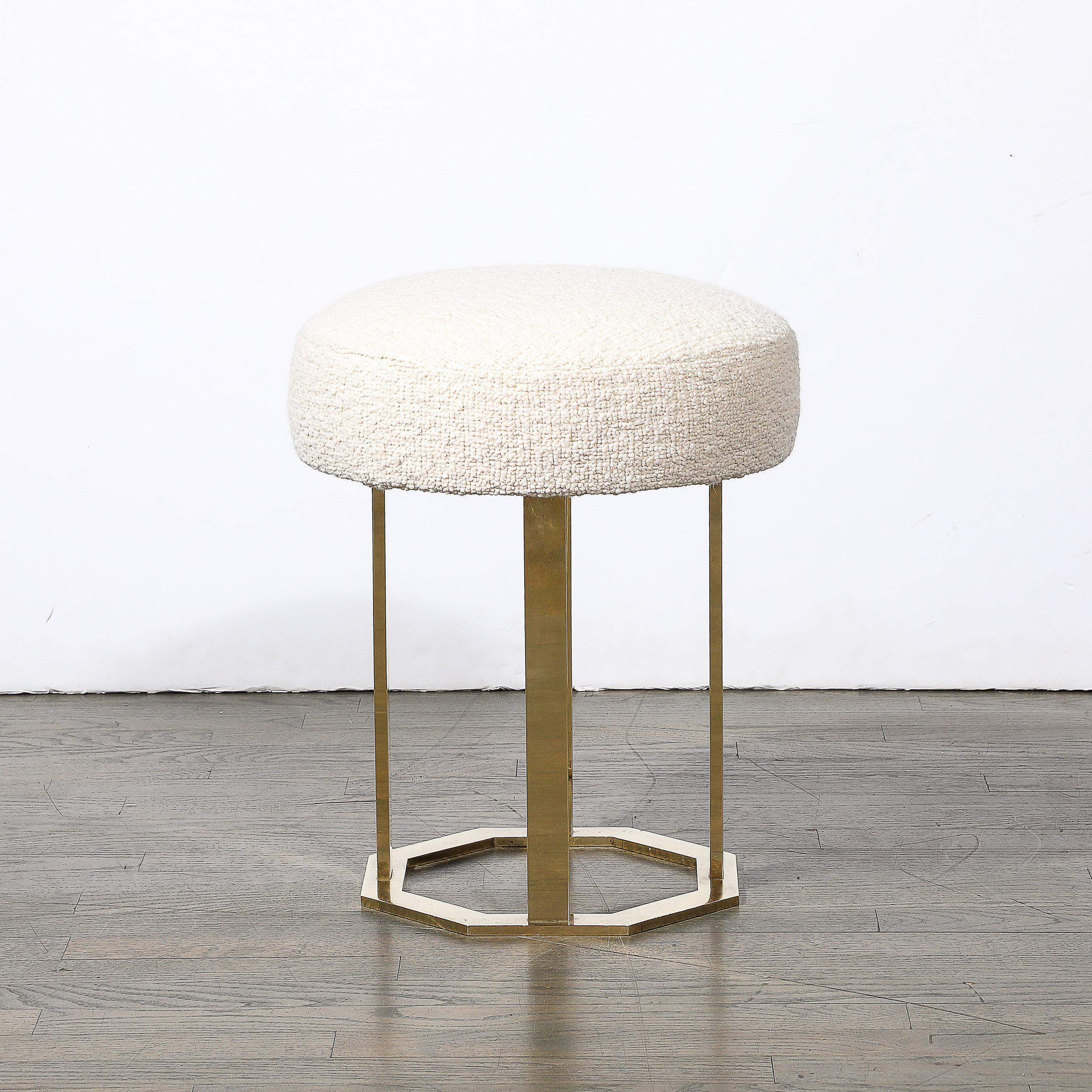 American Mid-Century Modernist Octagonal Polished Brass Base Stool in Holly Hunt Boucle For Sale