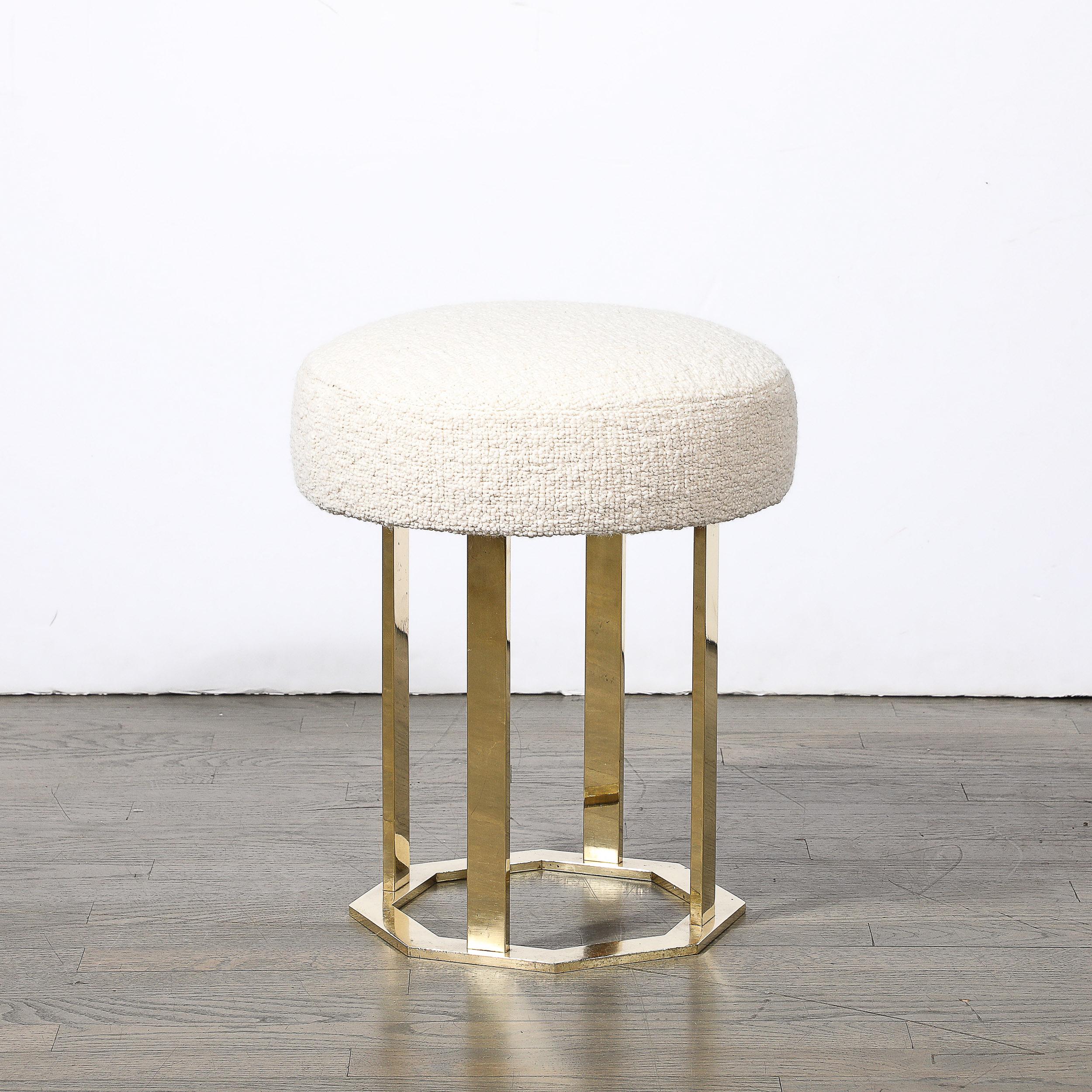 Mid-Century Modernist Octagonal Polished Brass Base Stool in Holly Hunt Boucle In Excellent Condition For Sale In New York, NY