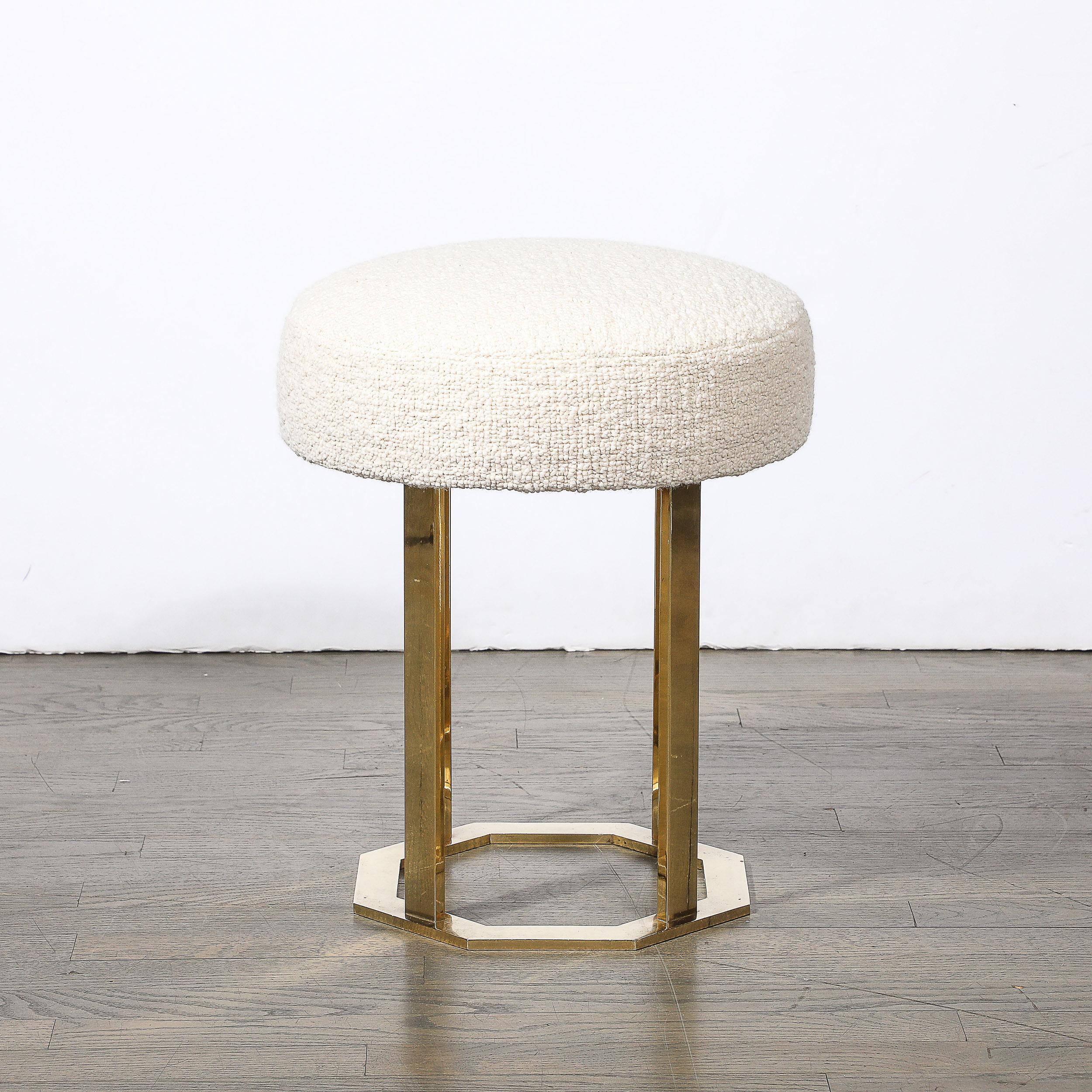 Late 20th Century Mid-Century Modernist Octagonal Polished Brass Base Stool in Holly Hunt Boucle For Sale