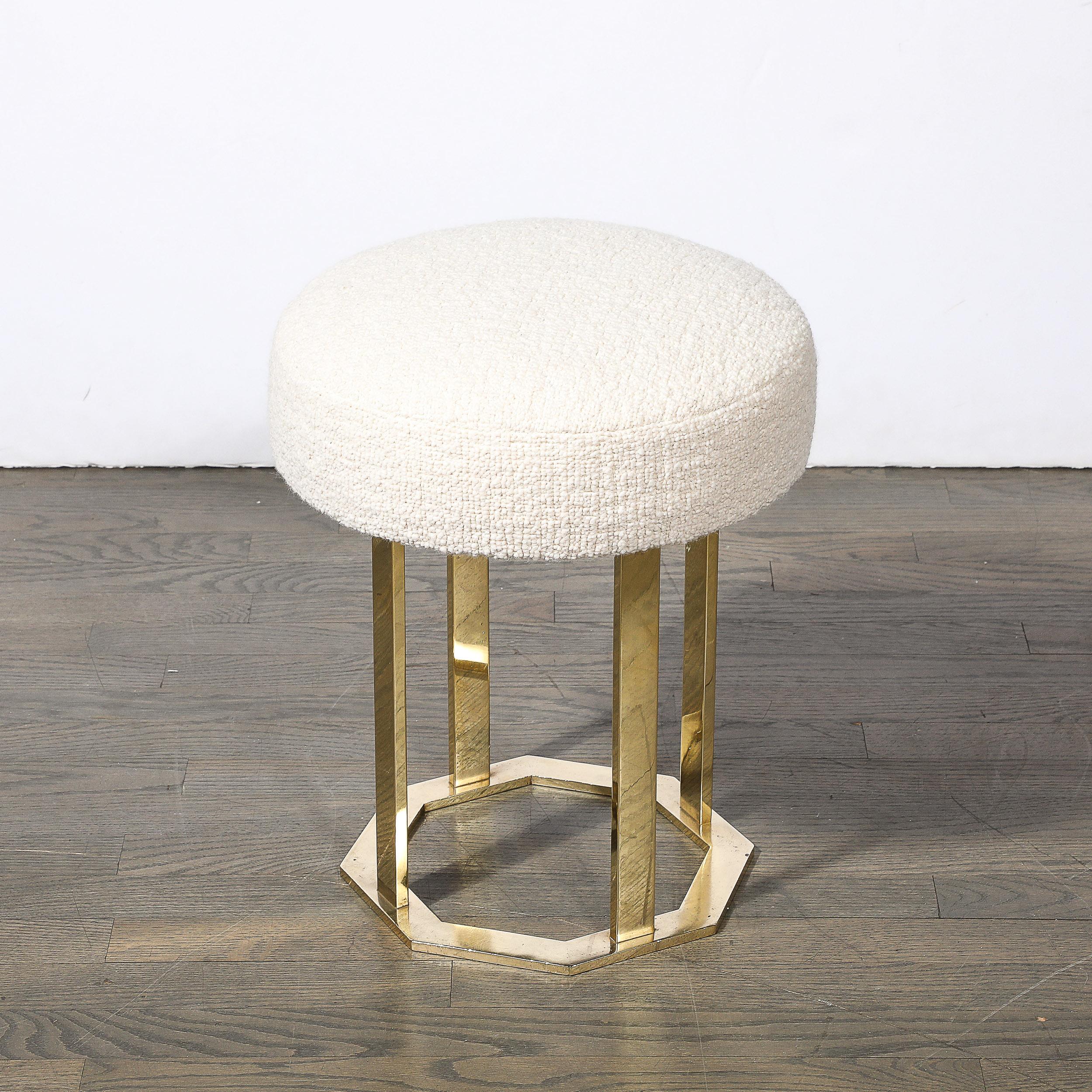 Mid-Century Modernist Octagonal Polished Brass Base Stool in Holly Hunt Boucle For Sale 1