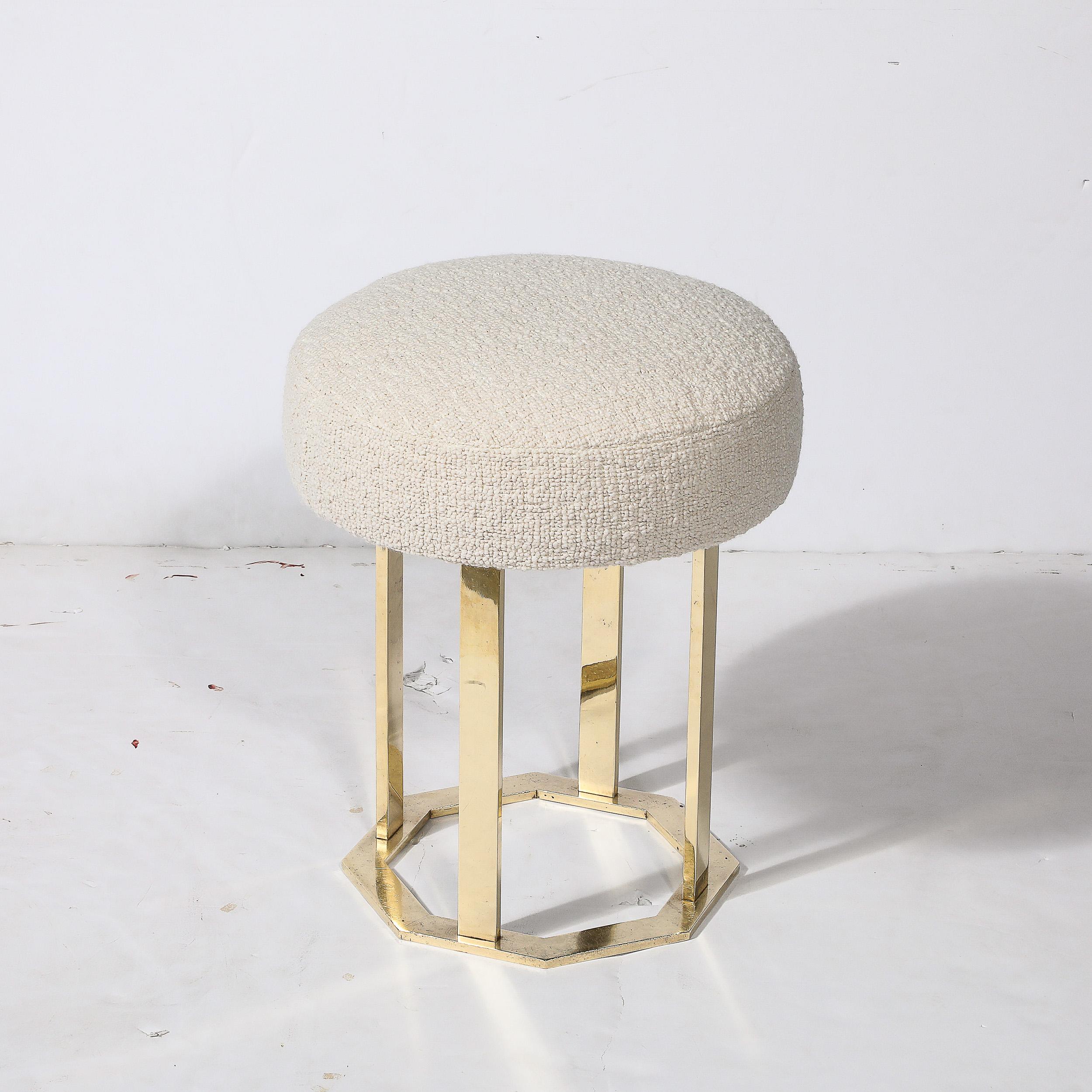 Mid-Century Modernist Octagonal Polished Brass Base Stool in Holly Hunt Boucle For Sale 2