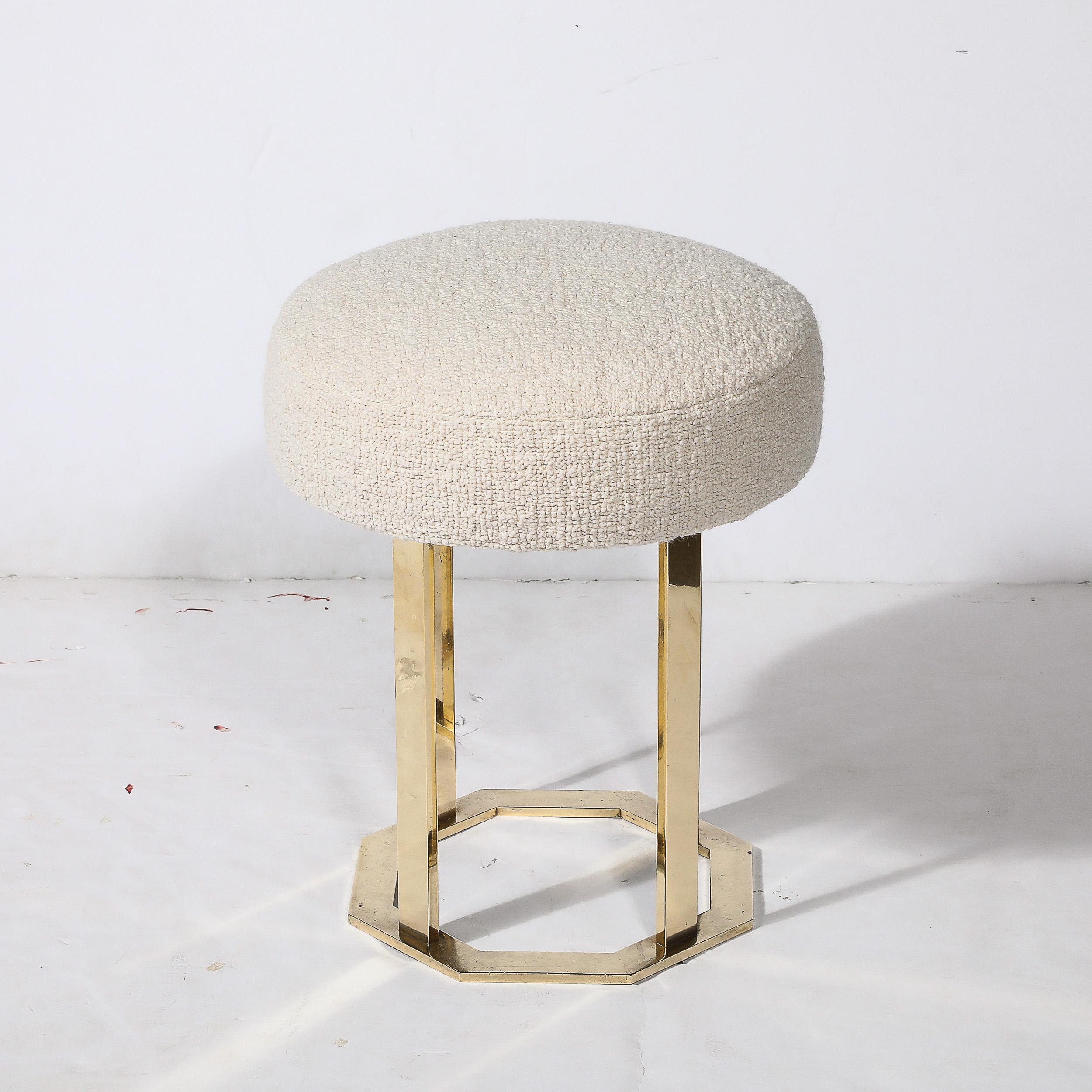 Mid-Century Modernist Octagonal Polished Brass Base Stool in Holly Hunt Boucle For Sale 3