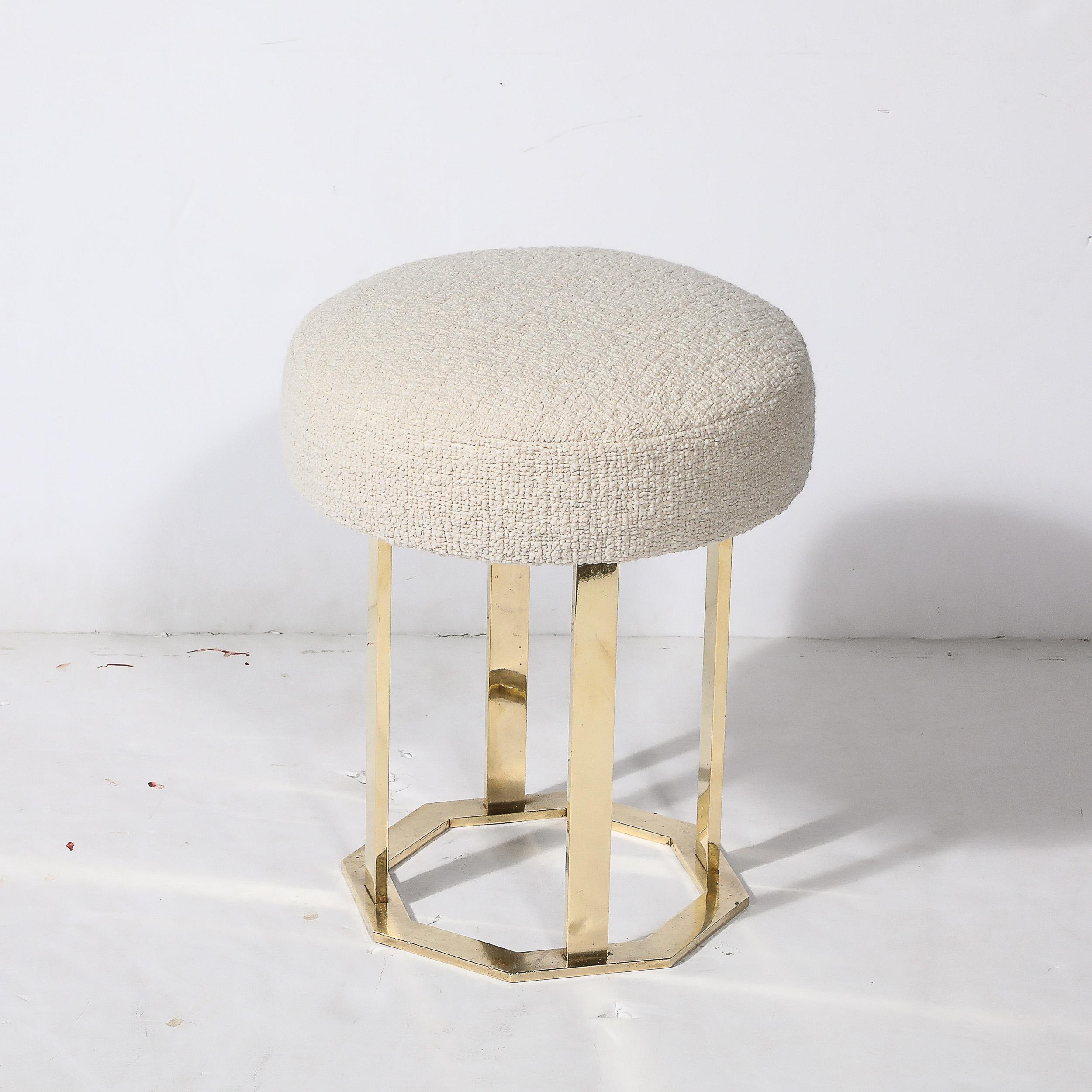 Mid-Century Modernist Octagonal Polished Brass Base Stool in Holly Hunt Boucle For Sale 4