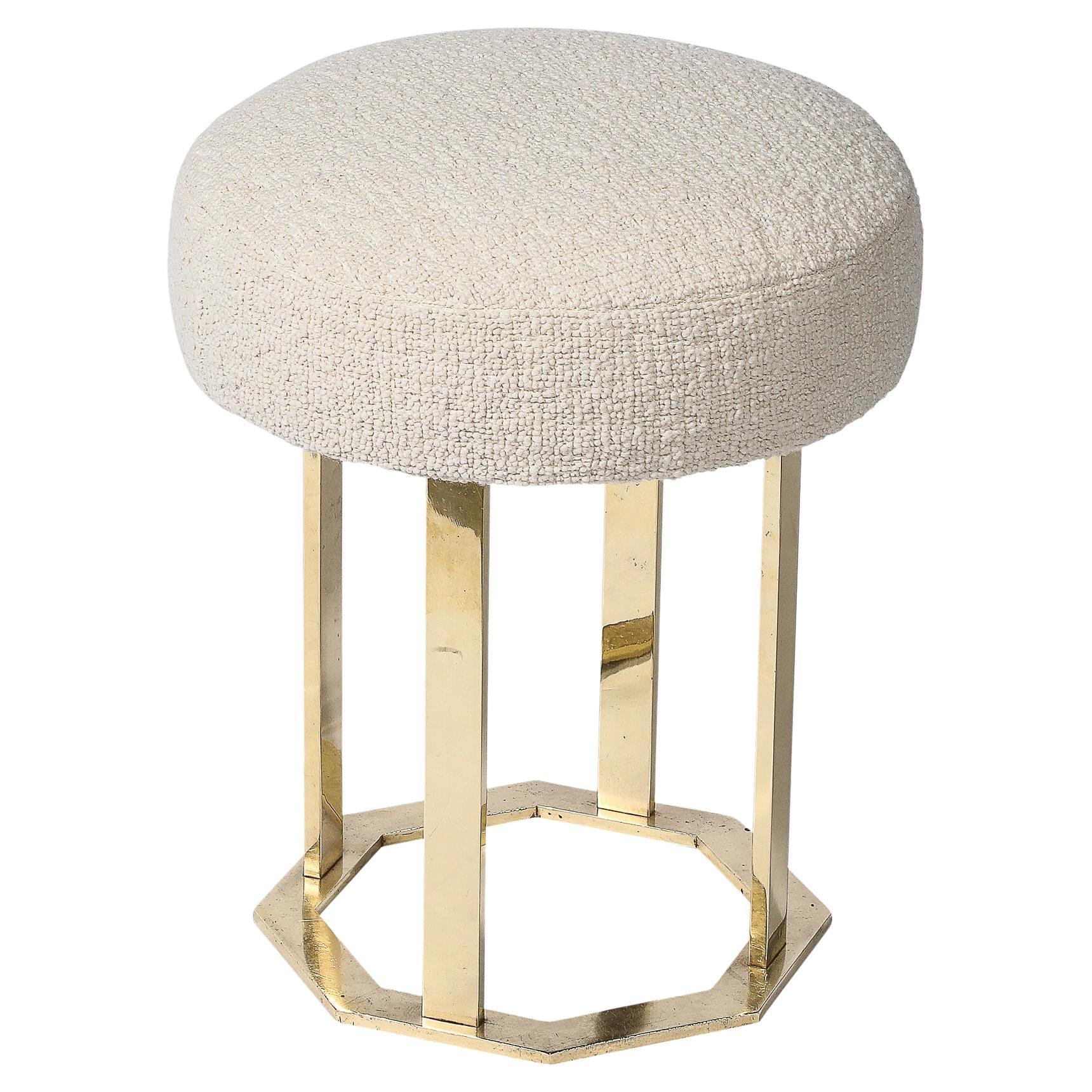 Mid-Century Modernist Octagonal Polished Brass Base Stool in Holly Hunt Boucle For Sale