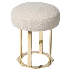 Vintage Mid-Century Modernist Octagonal Polished Brass Base Stool in Holly Hunt Boucle