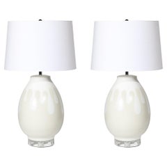 Mid-Century Modernist Off White Ceramic Table Lamps with Graphic Splash Motif