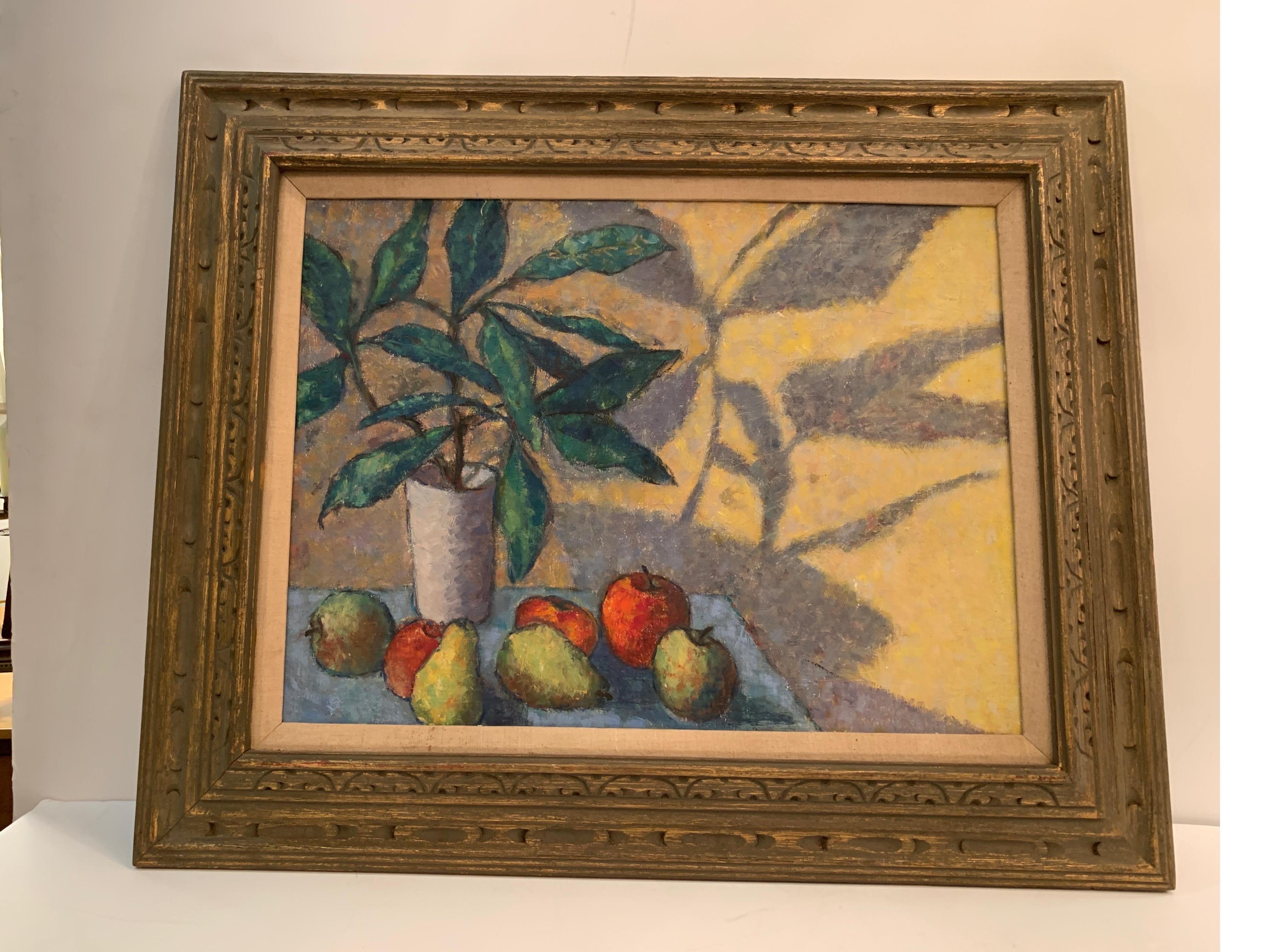 Classic impressionist modern still life oil on canvas painting with original carved wood scrubbed giltwood frame. Vibrant color pallet with a vase of citrus branches with an assortment of fruit on a yellow background.