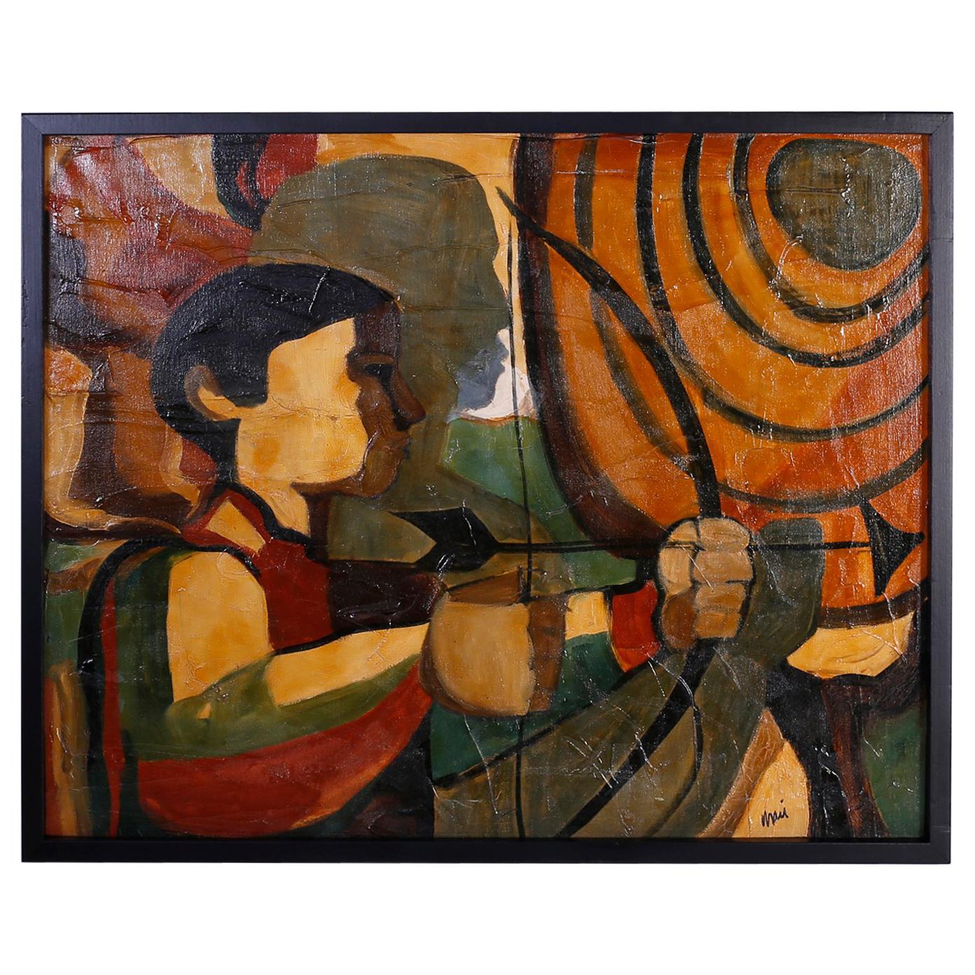 Mid-Century Modernist Oil Painting on Canvas of an Archer