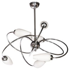 Mid-Century Modernist Orbital Six Arm Chrome & Frosted Conical Glass Chandelier