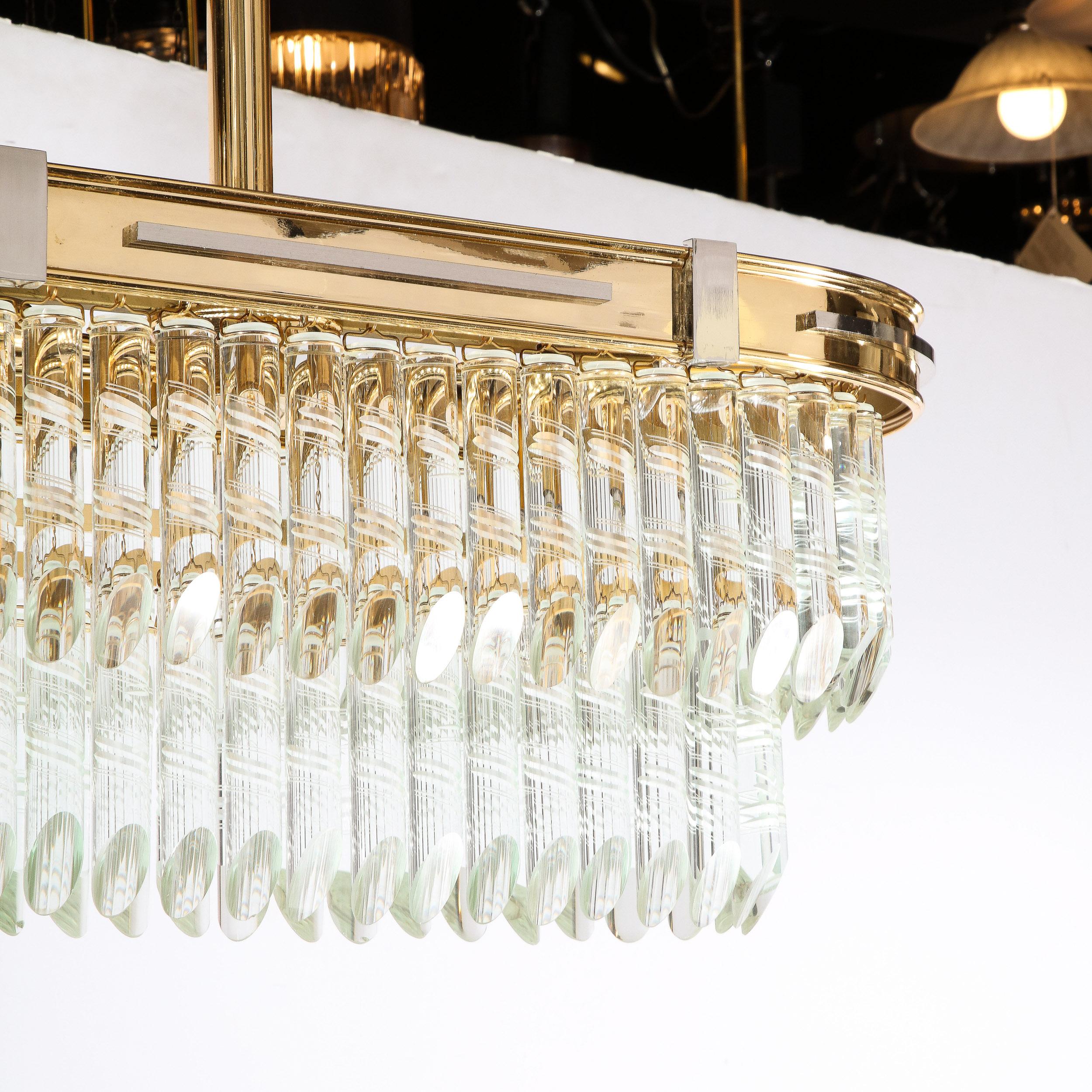 Mid-Century Modernist Oval Form Two-Tier Brass, Nickel & Cut Crystal Chandelier For Sale 5