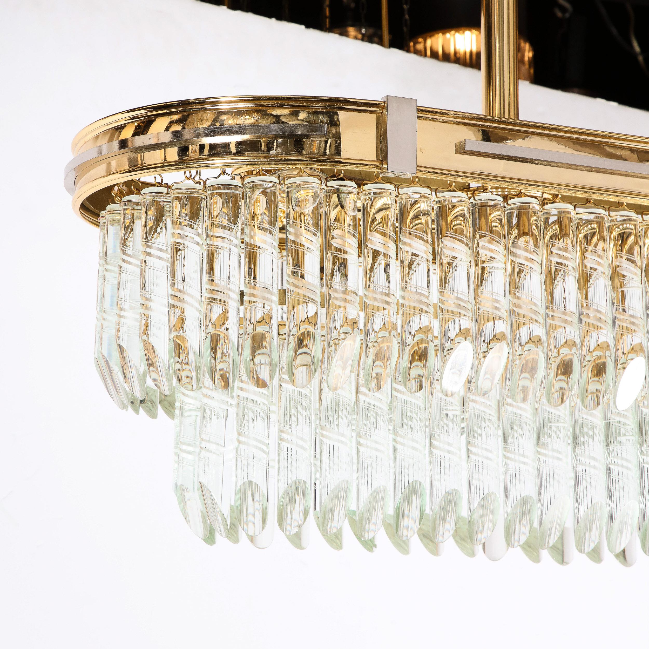 Mid-Century Modernist Oval Form Two-Tier Brass, Nickel & Cut Crystal Chandelier For Sale 6