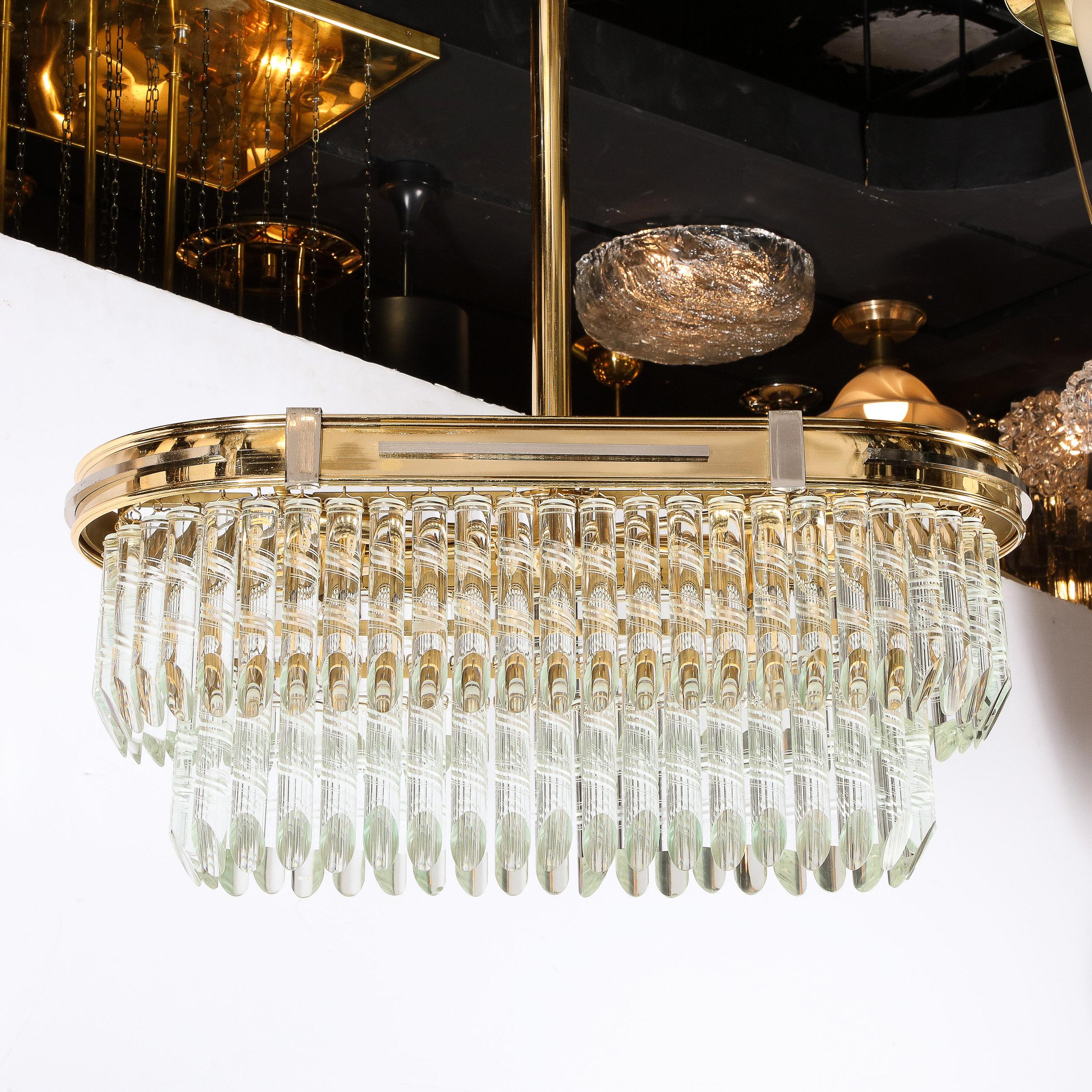 Mid-Century Modernist Oval Form Two-Tier Brass, Nickel & Cut Crystal Chandelier For Sale 7