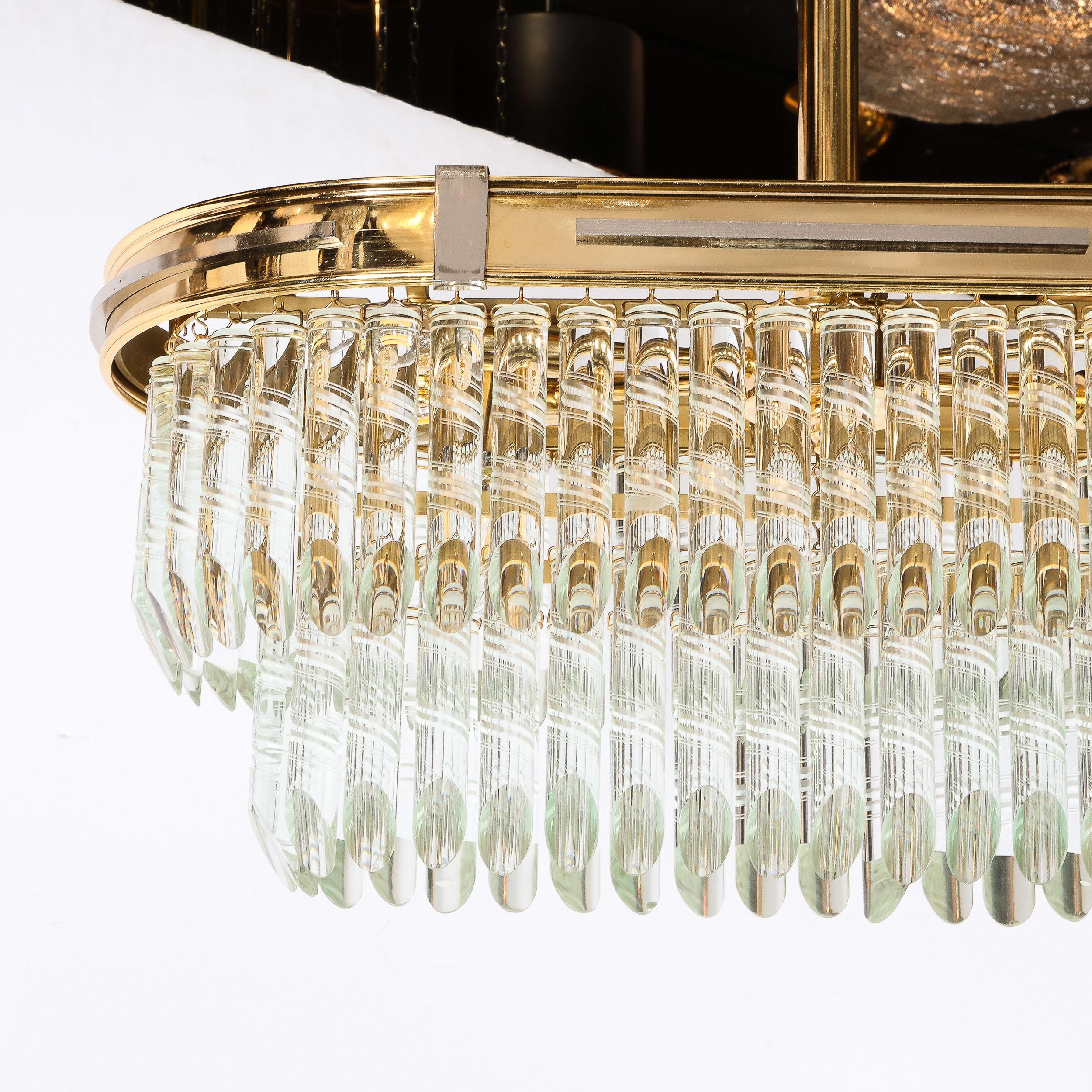 Mid-Century Modernist Oval Form Two-Tier Brass, Nickel & Cut Crystal Chandelier For Sale 8