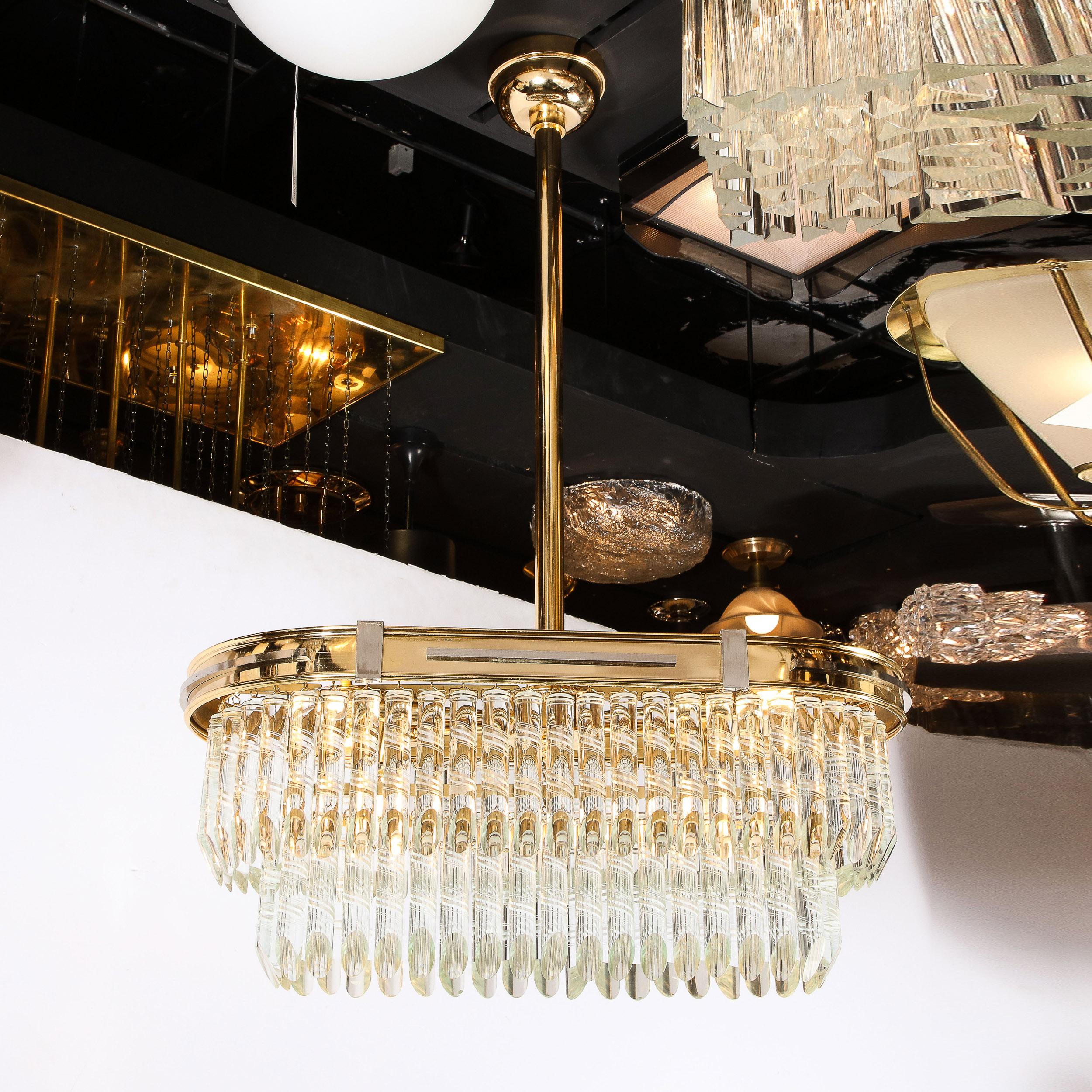 Mid-Century Modernist Oval Form Two-Tier Brass, Nickel & Cut Crystal Chandelier For Sale 10