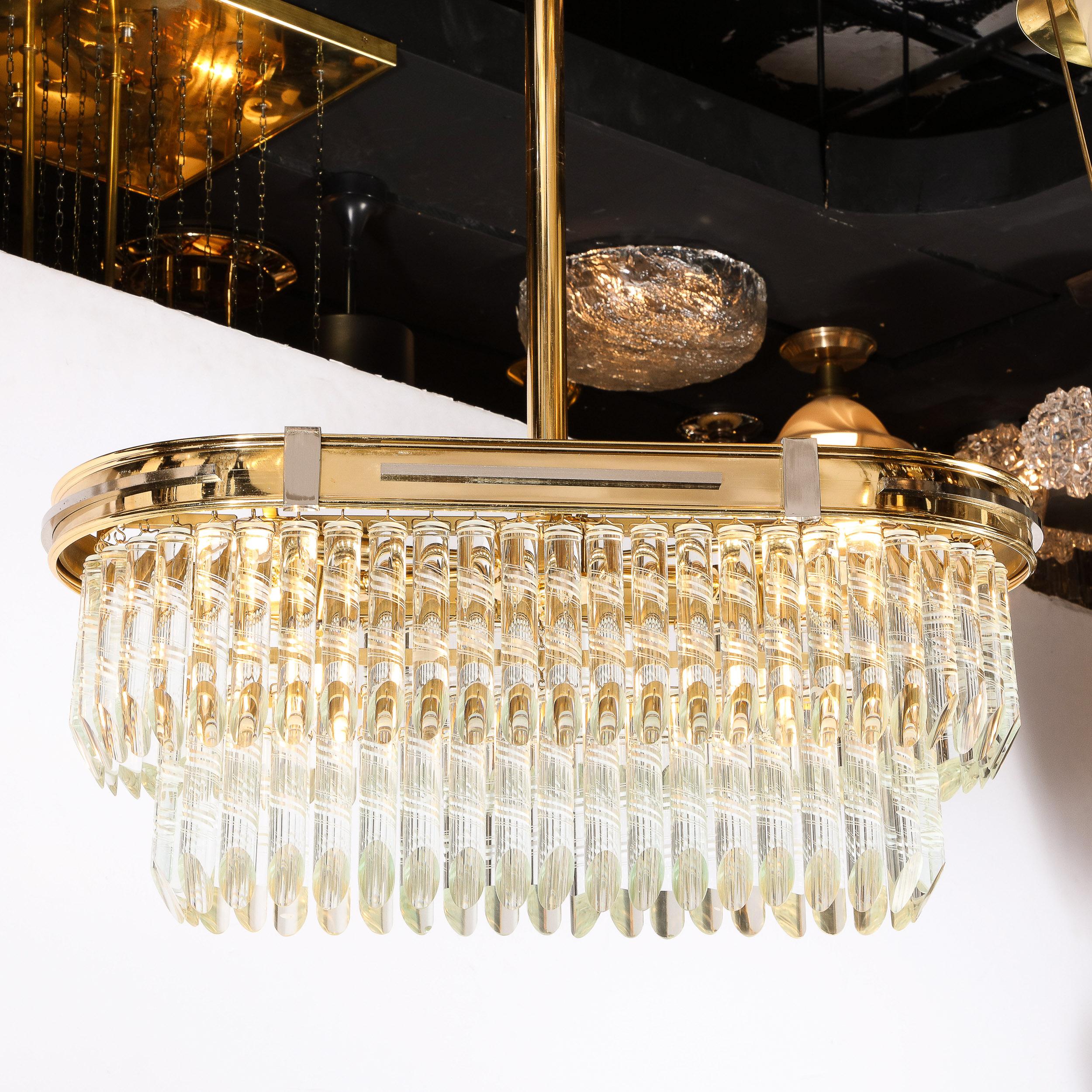 Mid-Century Modernist Oval Form Two-Tier Brass, Nickel & Cut Crystal Chandelier For Sale 11