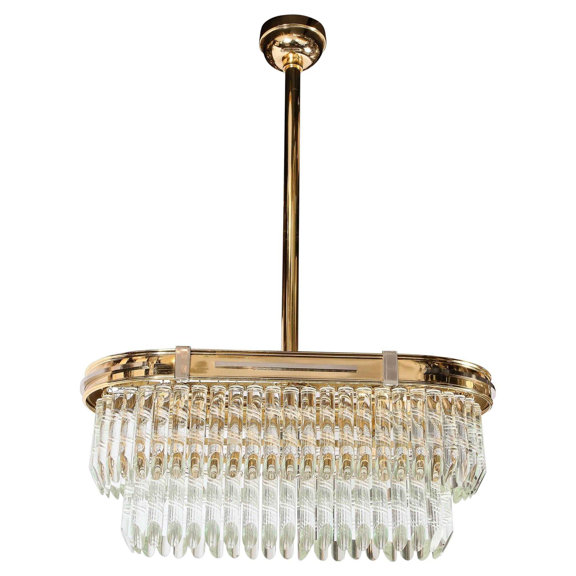 Mid-Century Modernist Oval Form Two-Tier Brass, Nickel & Cut Crystal Chandelier For Sale