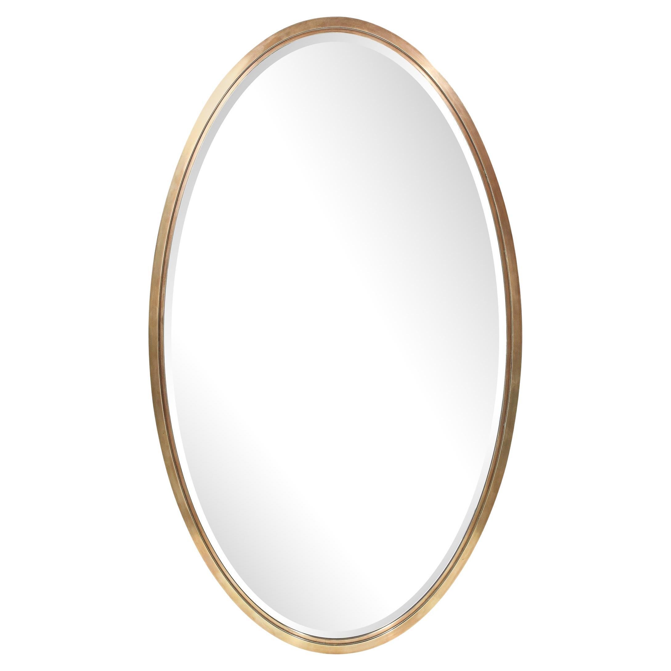 Mid-Century Modernist Oval Mirror with Polished Brass Frame