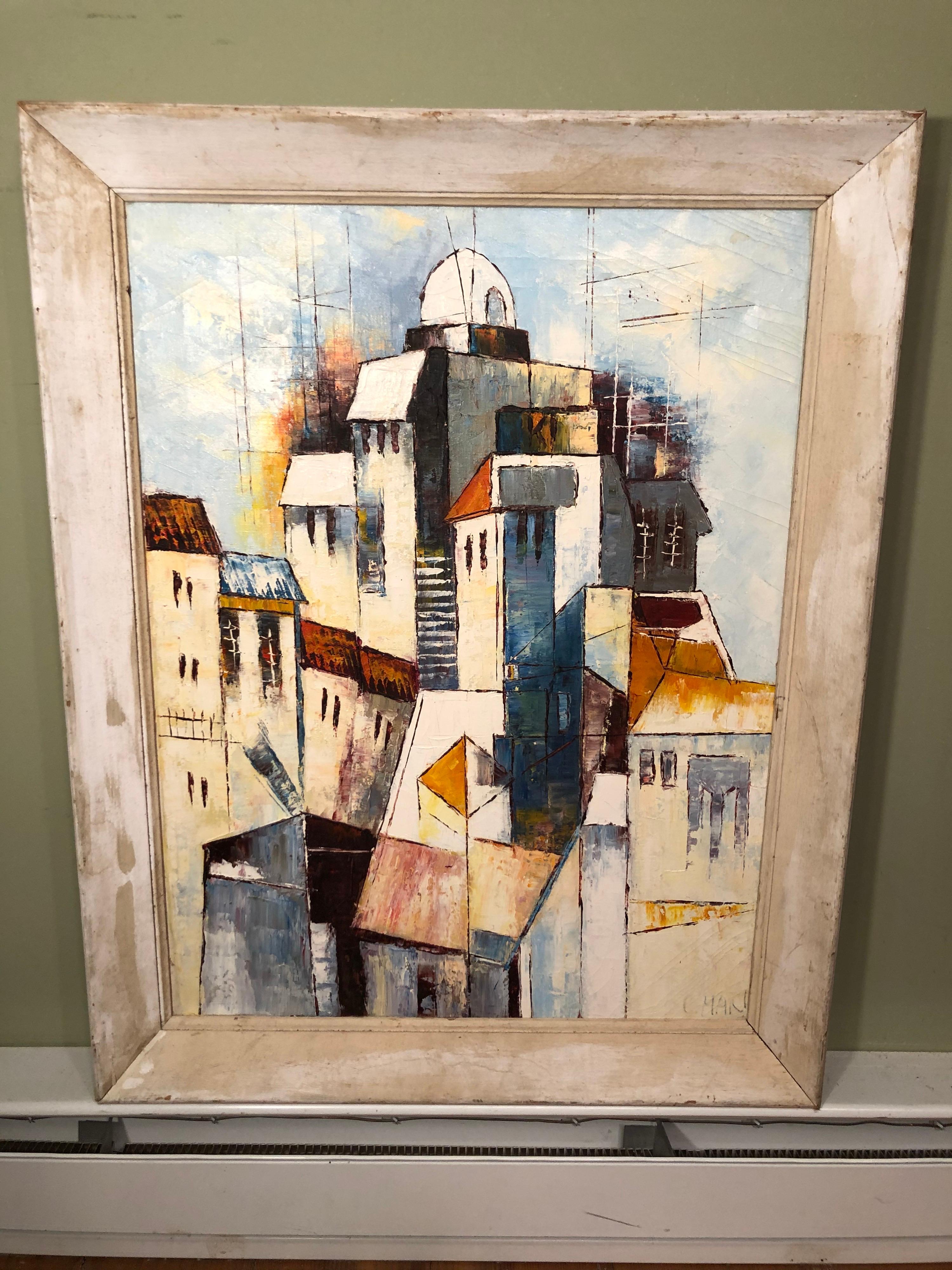 Mid-Century Modernist painting of a Greek village. Reminiscent of Greece or Eastern Europe. Nice modernist or cubist feel. Signed illegibly C. Man.