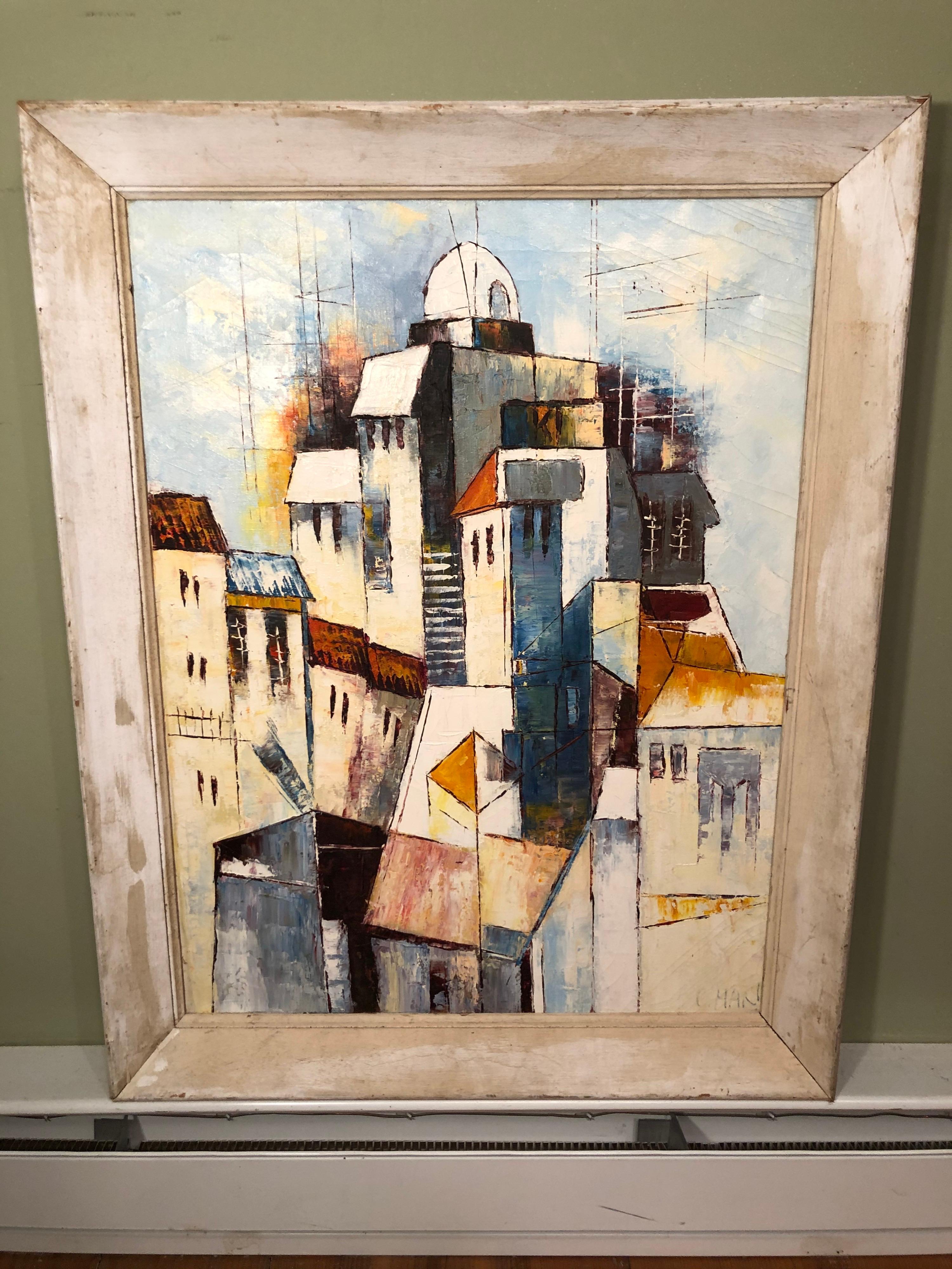 Mid-Century Modernist Painting of a Greek Village In Good Condition For Sale In Redding, CT