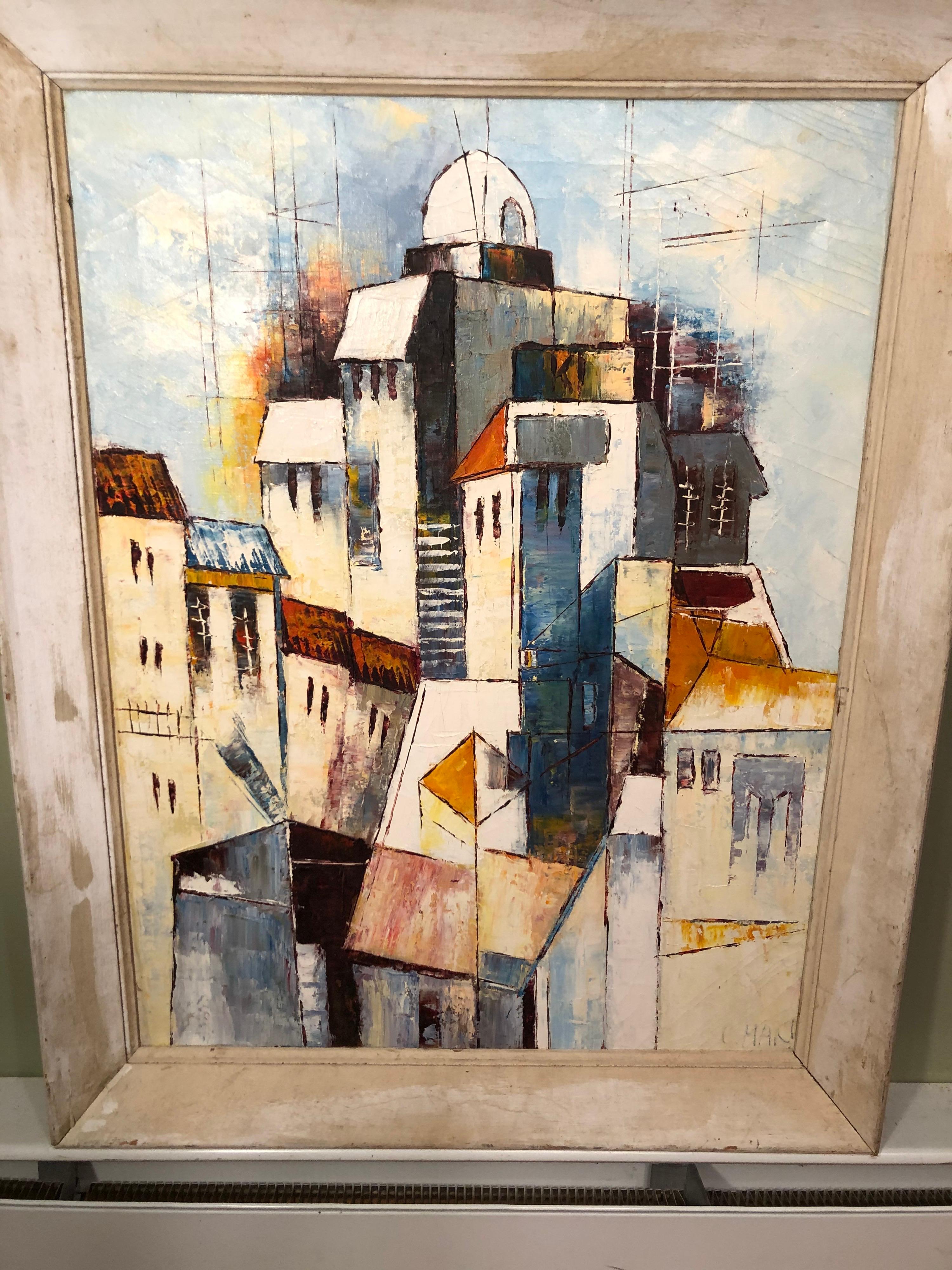 Mid-20th Century Mid-Century Modernist Painting of a Greek Village For Sale