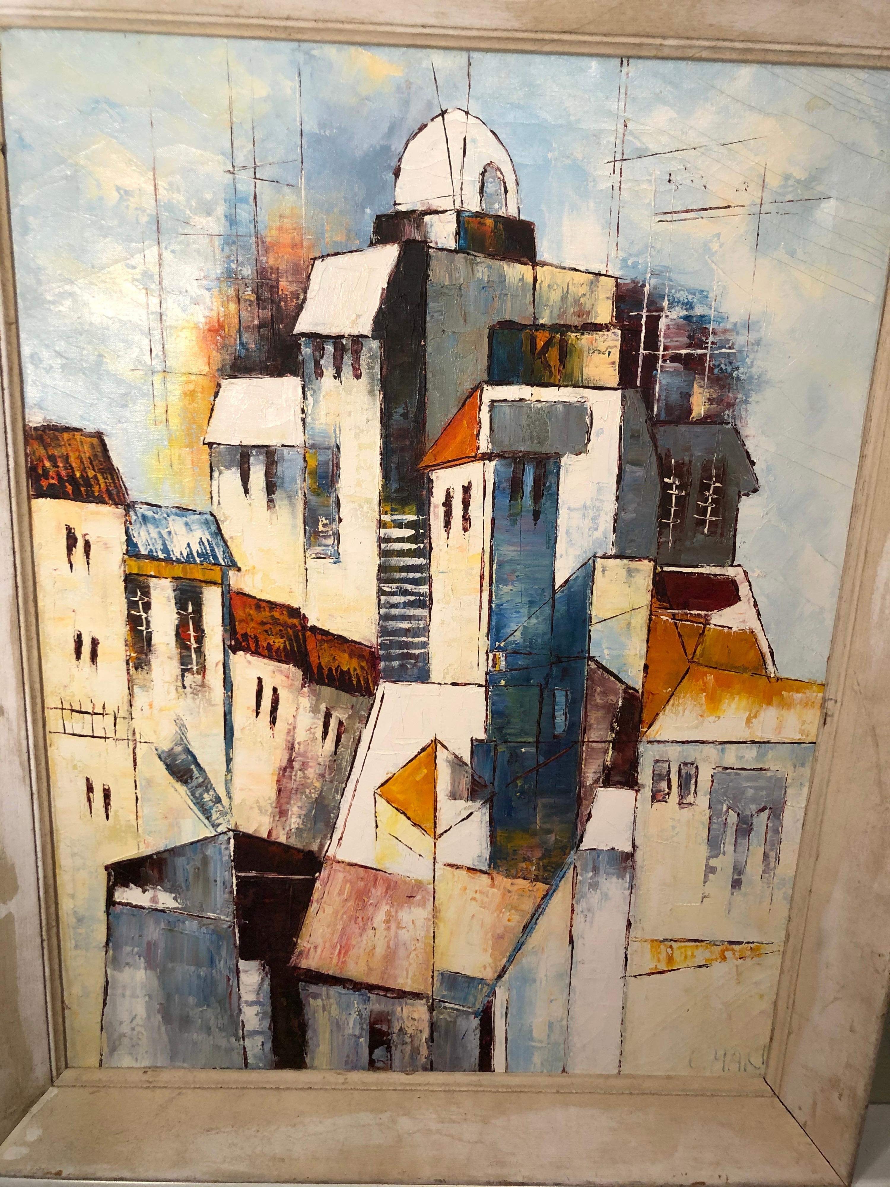 Canvas Mid-Century Modernist Painting of a Greek Village For Sale