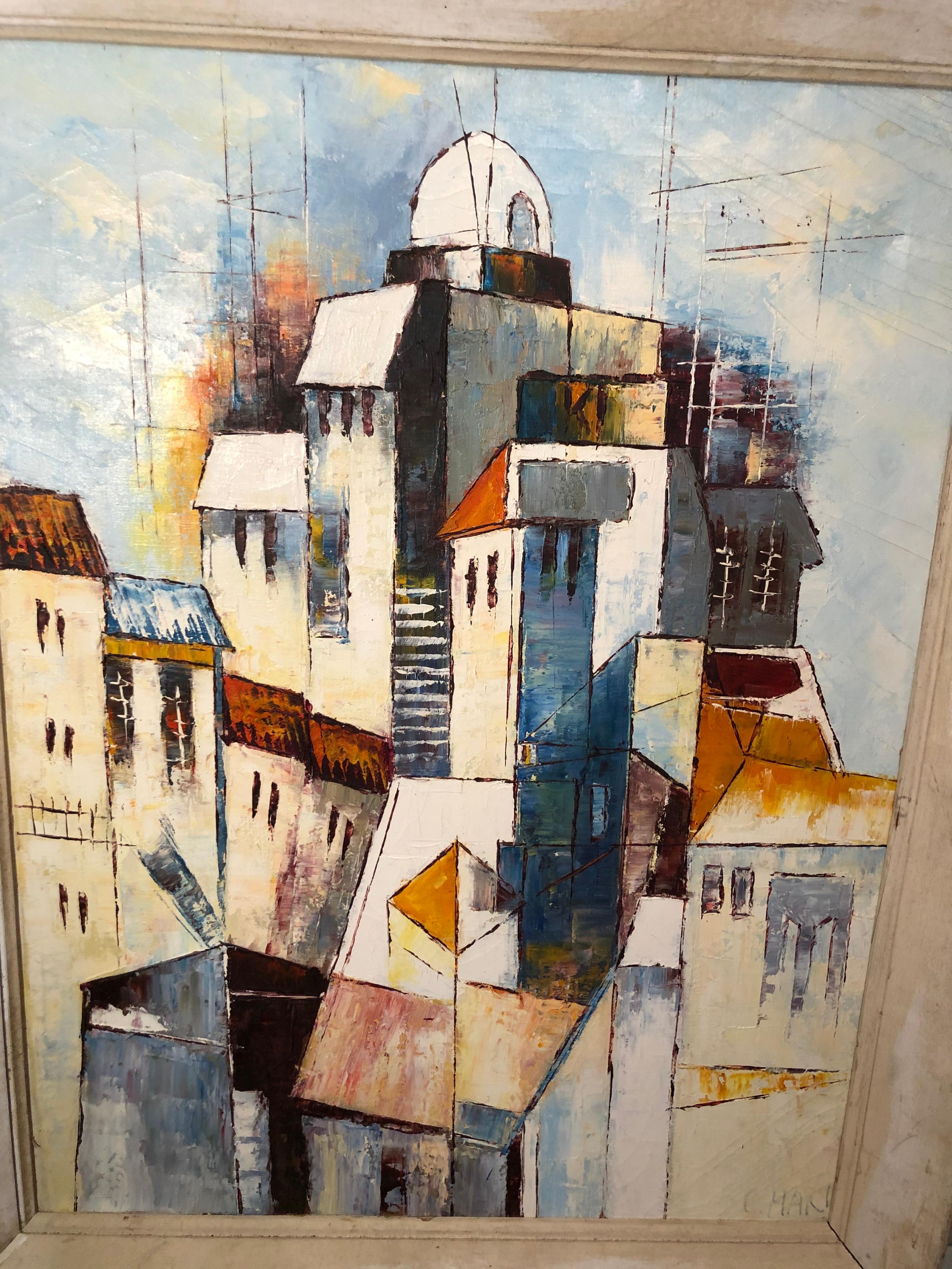 Mid-Century Modernist Painting of a Greek Village For Sale 1