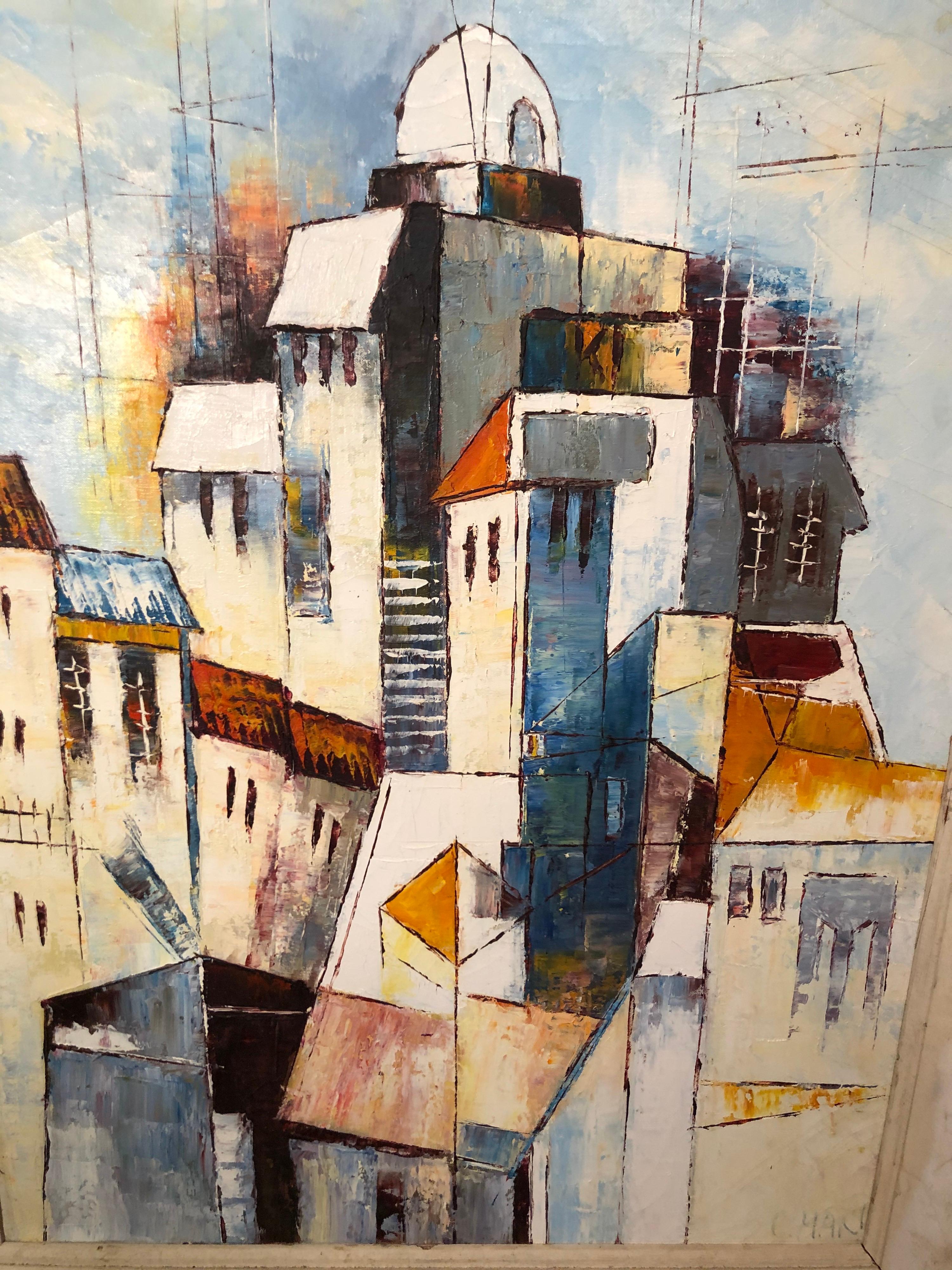 Mid-Century Modernist Painting of a Greek Village For Sale 2