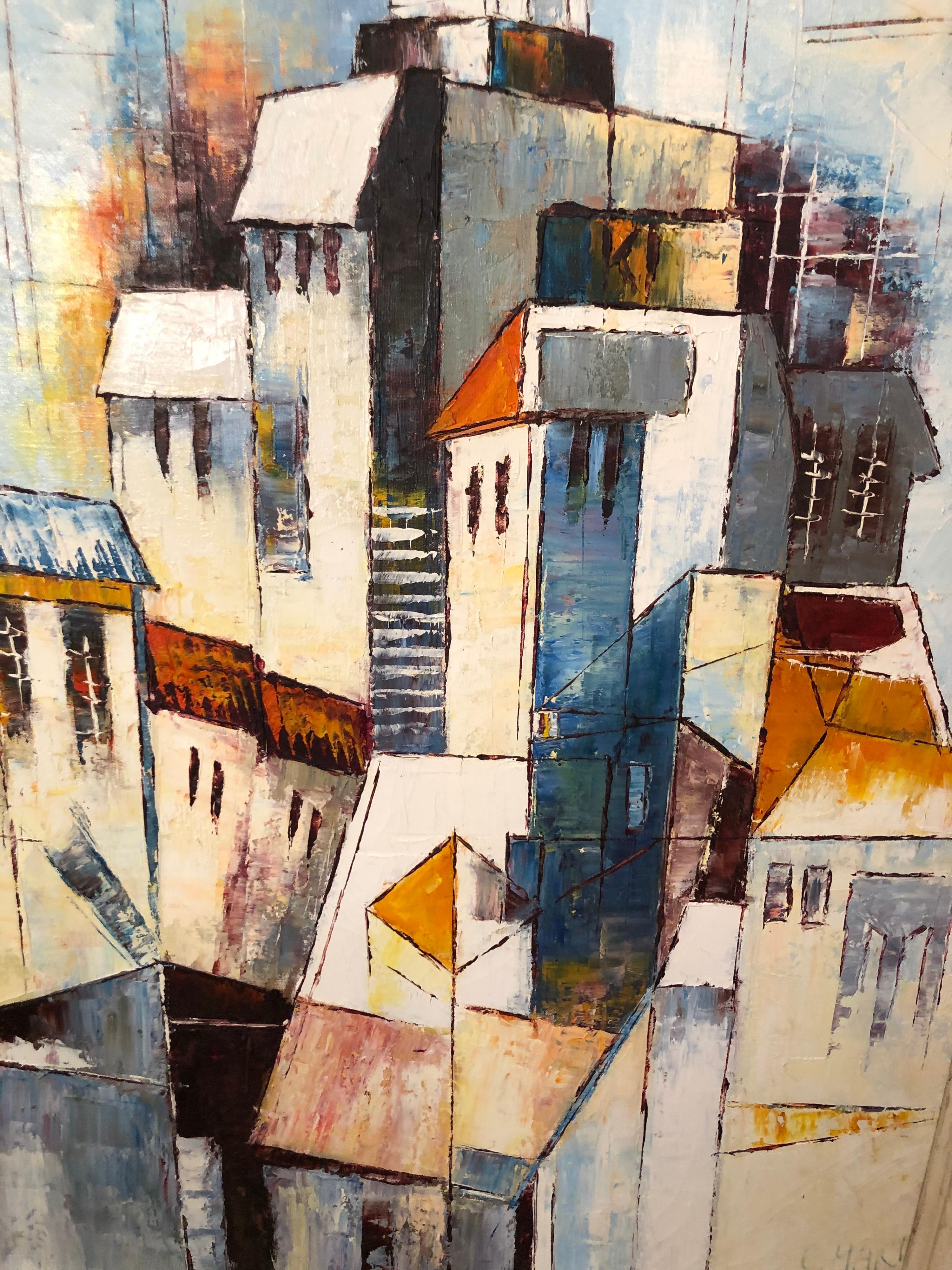 Mid-Century Modernist Painting of a Greek Village For Sale 3